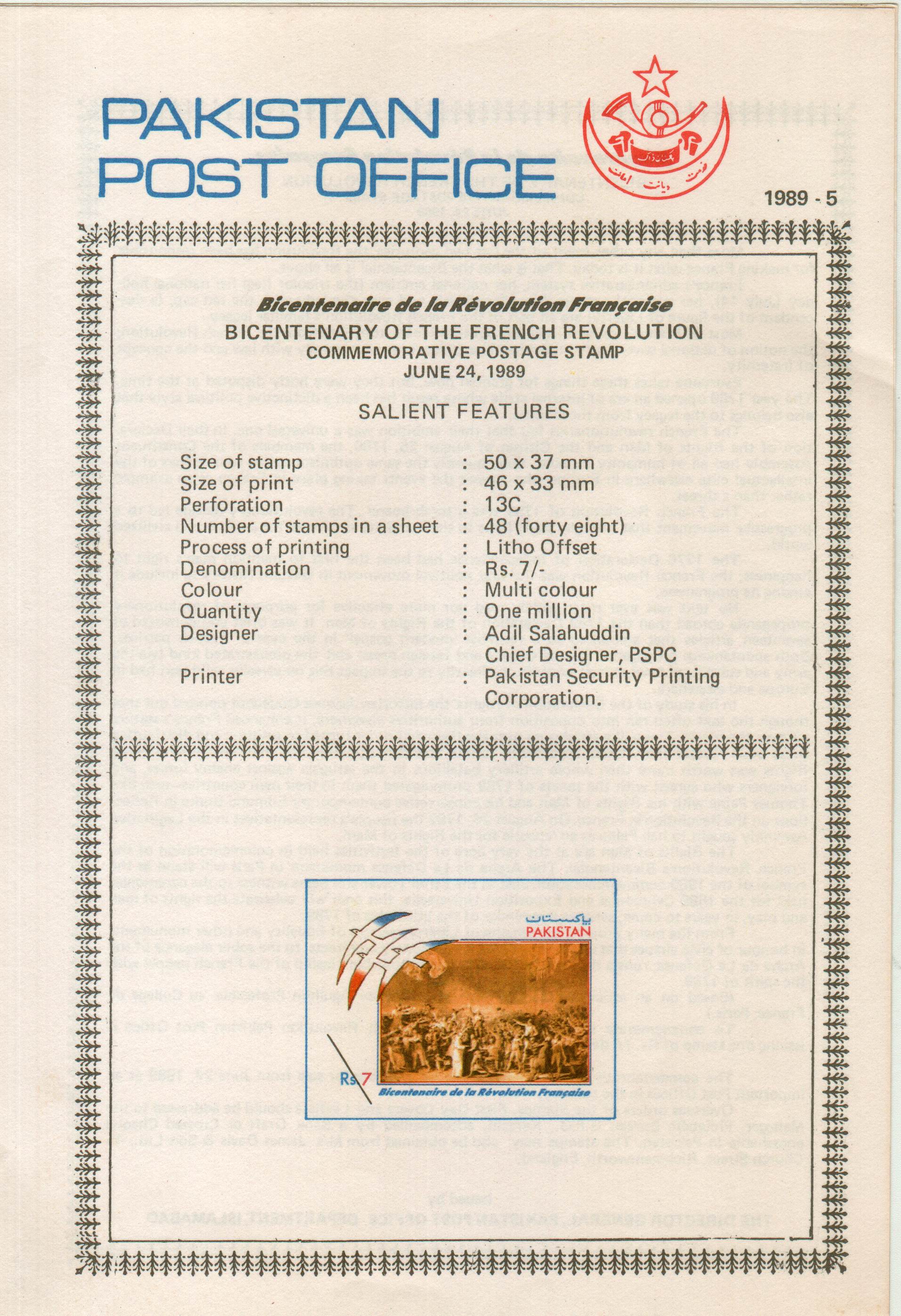 (image for) Pakistan Fdc 1989 Brochure Stamp Bi Centenary French Revolution
