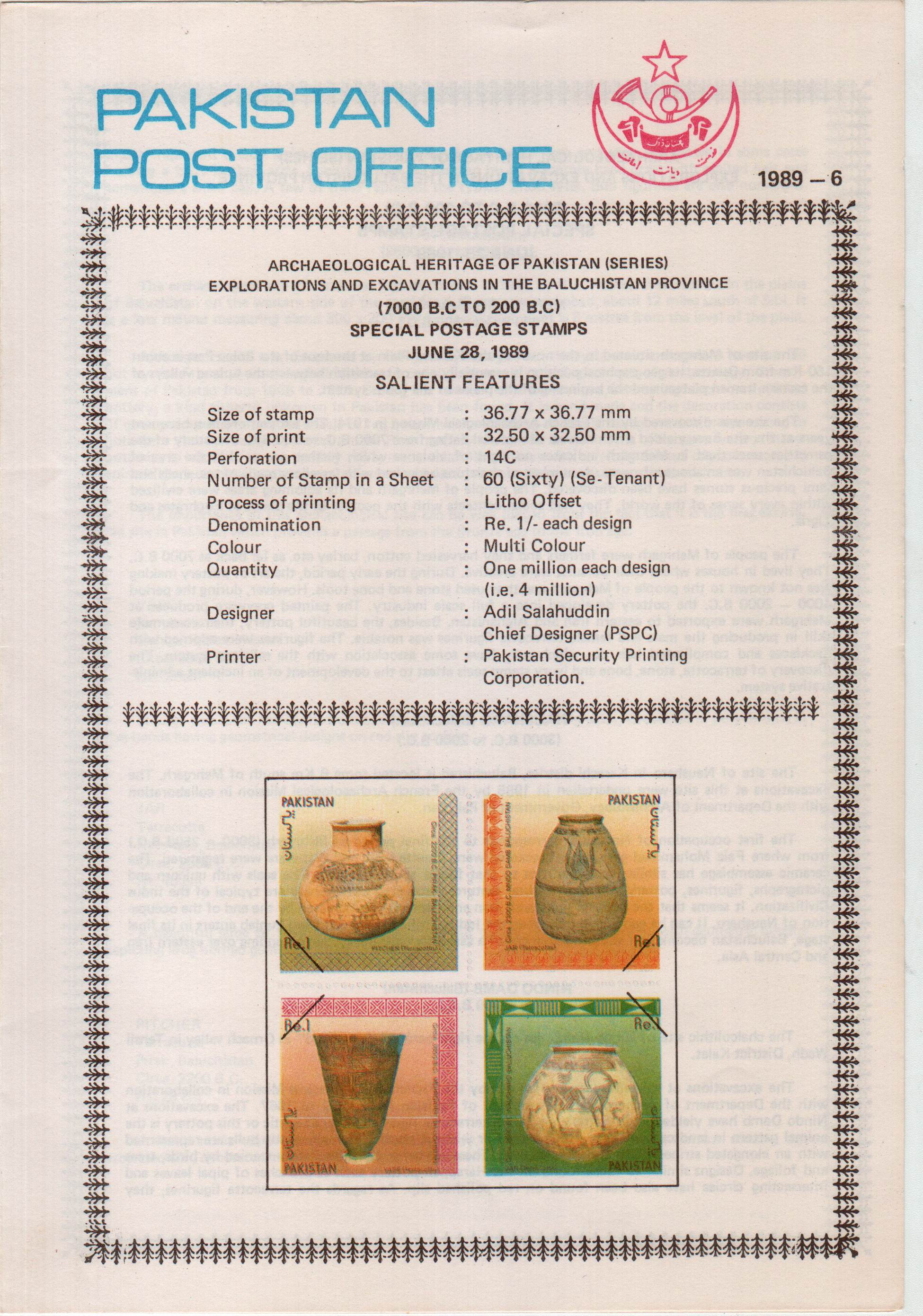(image for) Pakistan Fdc 1989 Brochure & Stamps Archaelogical Heritage
