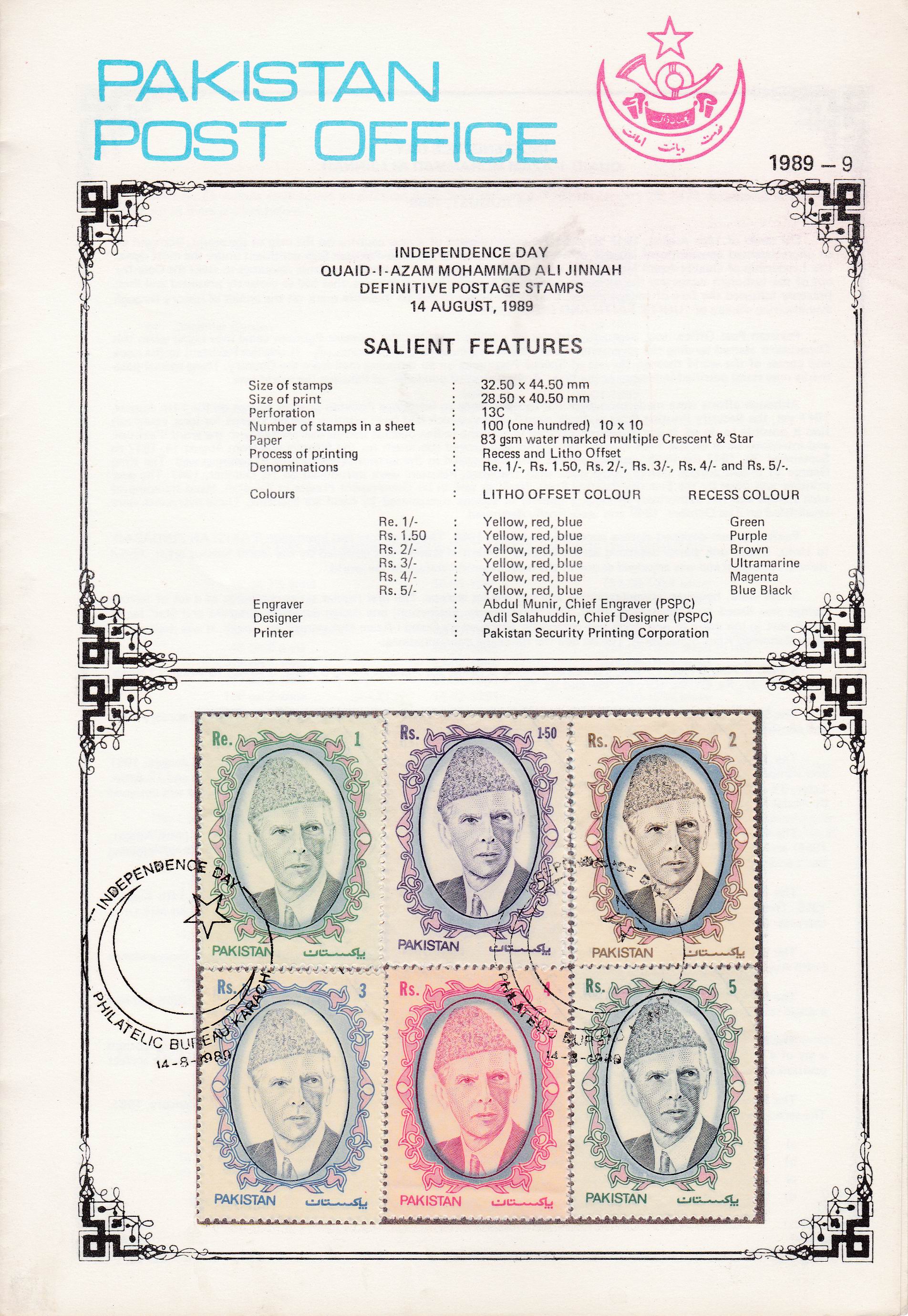 (image for) Pakistan Fdc 1989 Brochure Stamps Definitive Series Quaid e Azam