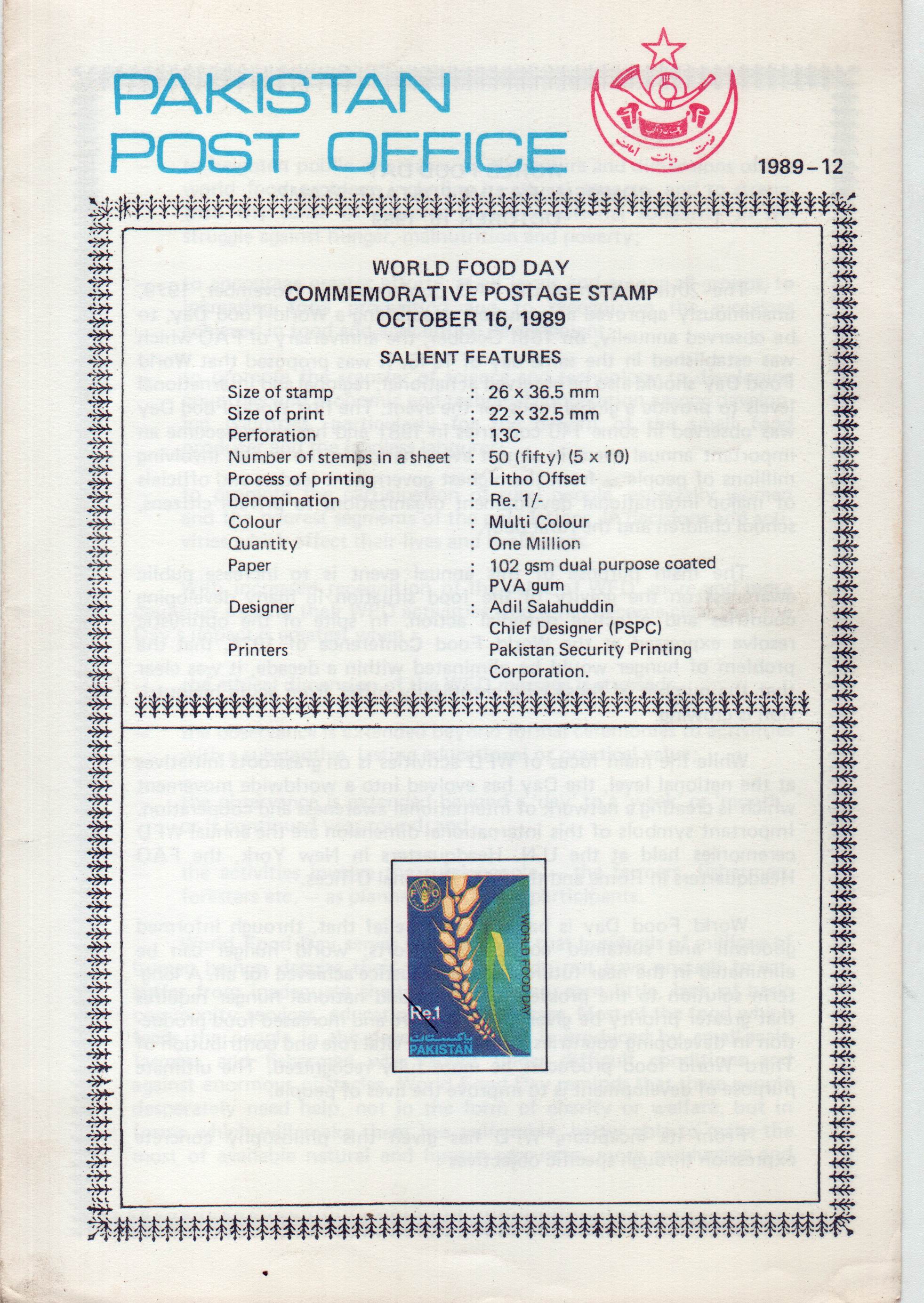 (image for) Pakistan Fdc 1989 Brochure & Stamp World Food Day FAO