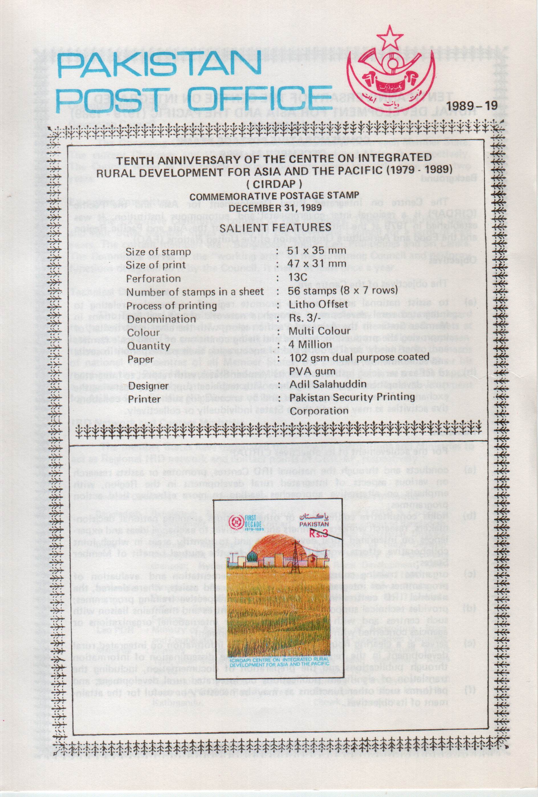(image for) Pakistan Fdc 1989 Brochure & Stamp Cirdap