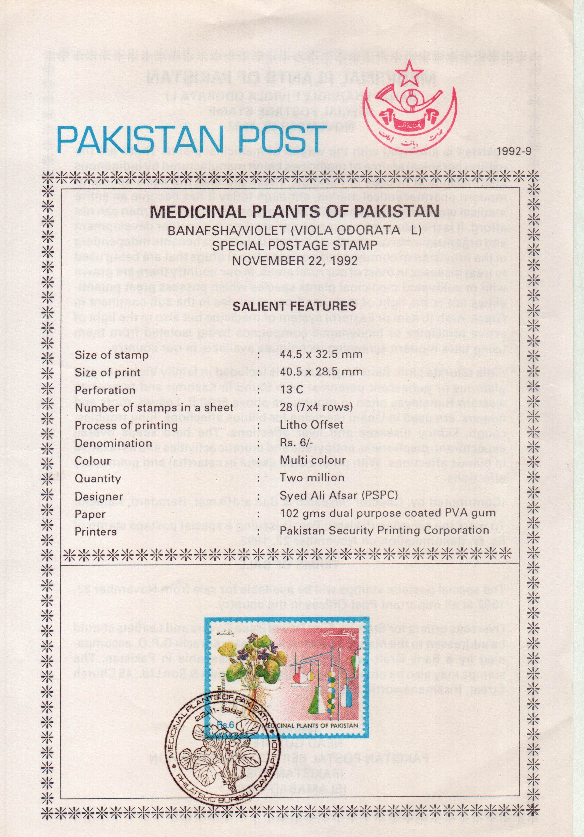 (image for) Pakistan Fdc 1992 Brochure Stamp Medicinal Plants Banafsha