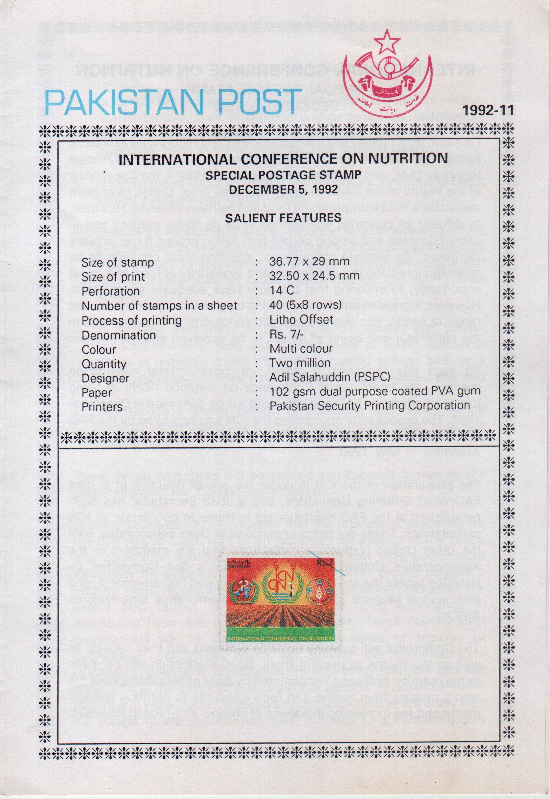 (image for) Pakistan Fdc 1992 Brochure Stamp Conference Nutrition