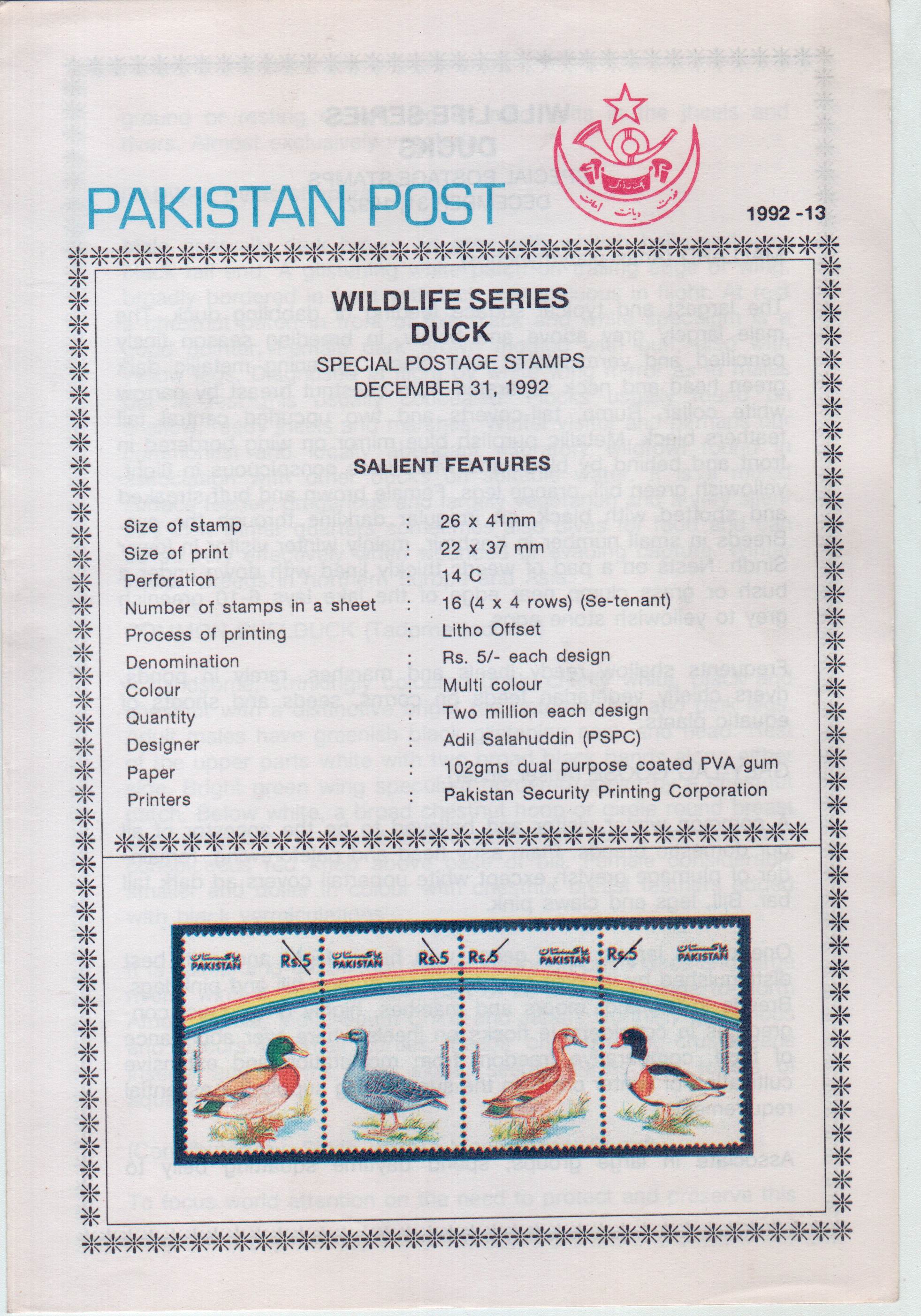 (image for) Pakistan Fdc 1992 Brochure Stamps Wildlife Series Ducks