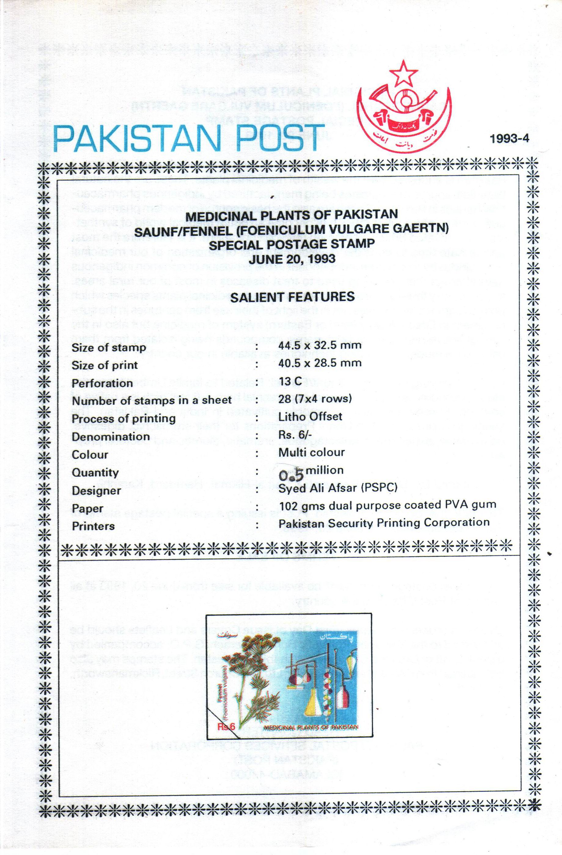 (image for) Pakistan Fdc 1993 Brochure Stamp Medicinal Plants Saunf Fennel