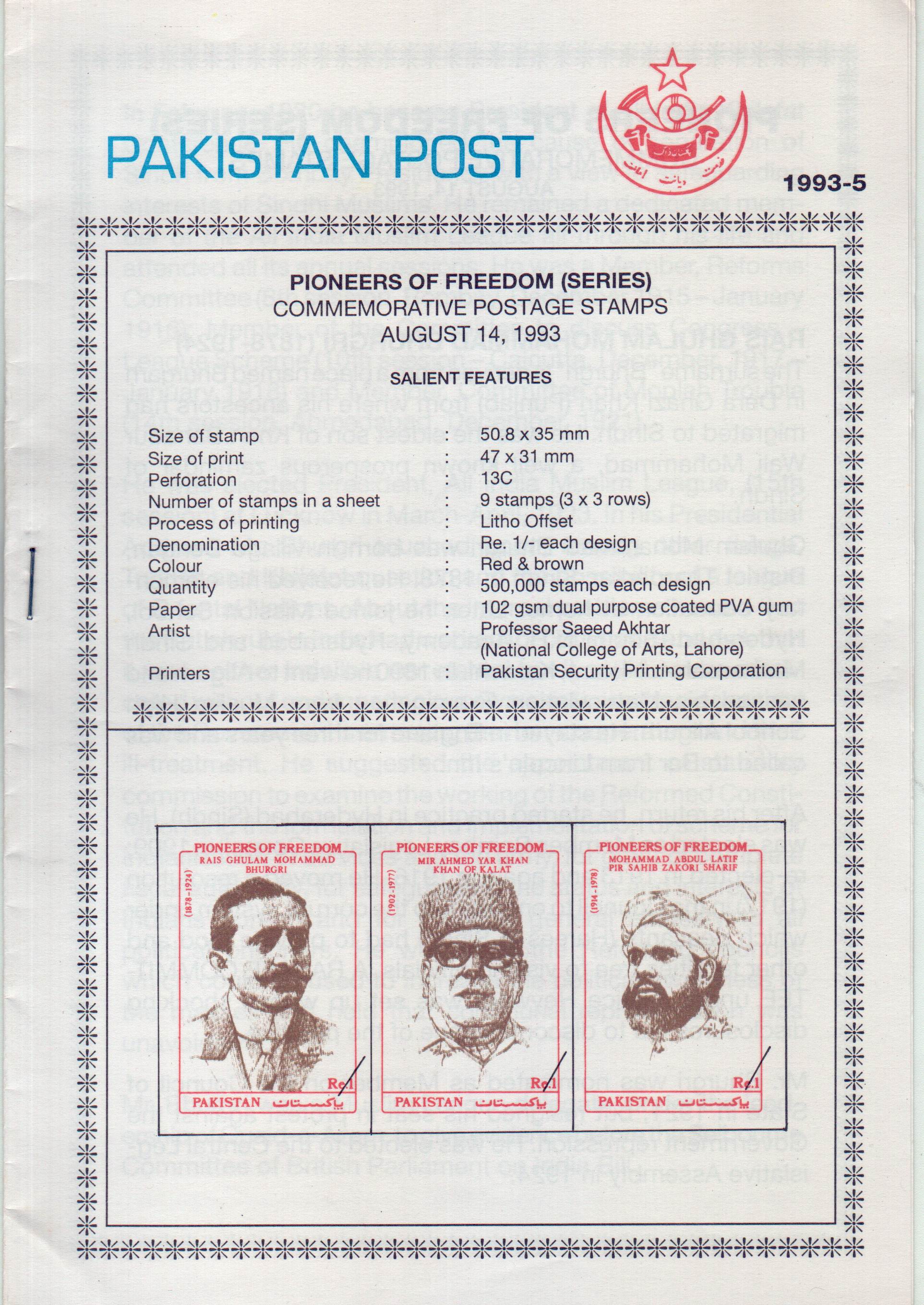 (image for) Pakistan Fdc 1993 Brochure Stamps Pioneers of Freedom
