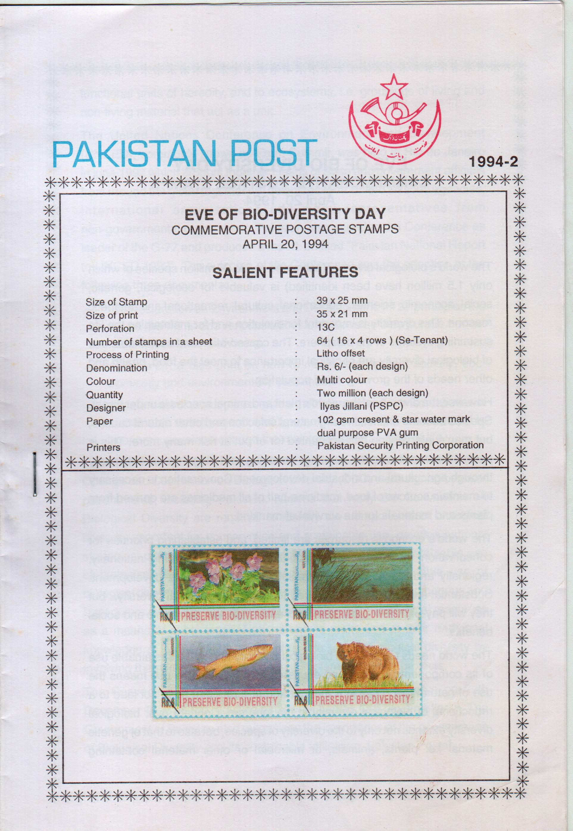 (image for) Pakistan Fdc 1994 Brochure & Stamps Eve of Bio - Diversity Day