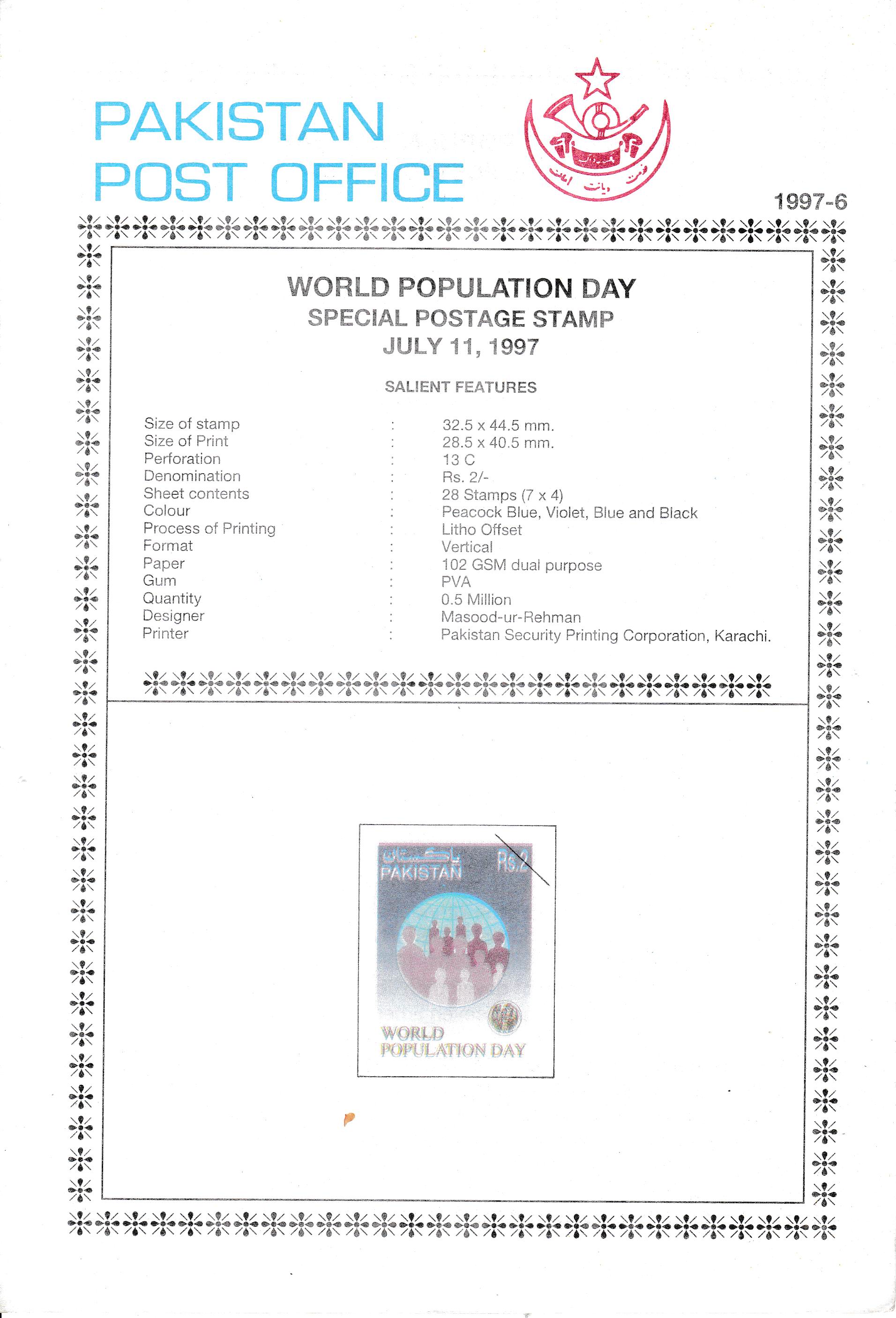 (image for) Pakistan Fdc 1997 Brochure Stamp World Population Day