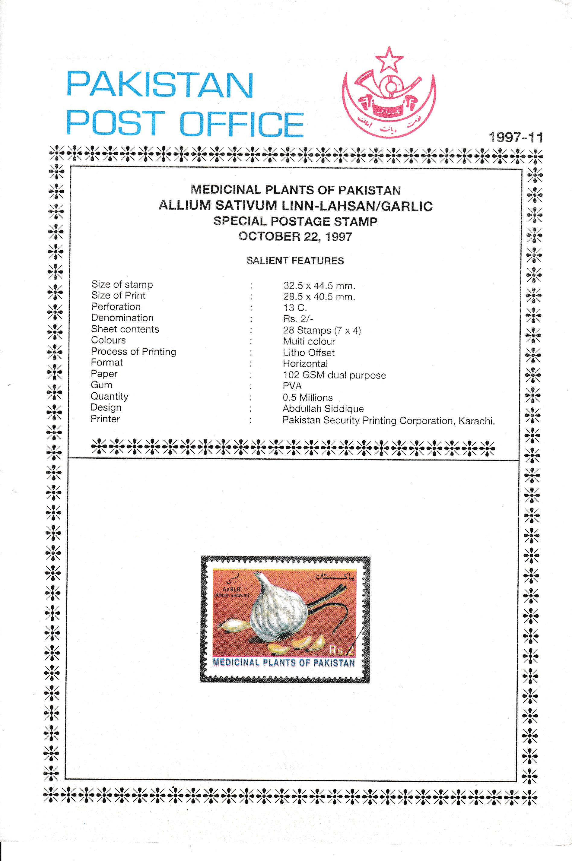 (image for) Pakistan Fdc 1997 Brochure Stamp Medicinal Plant Garlic