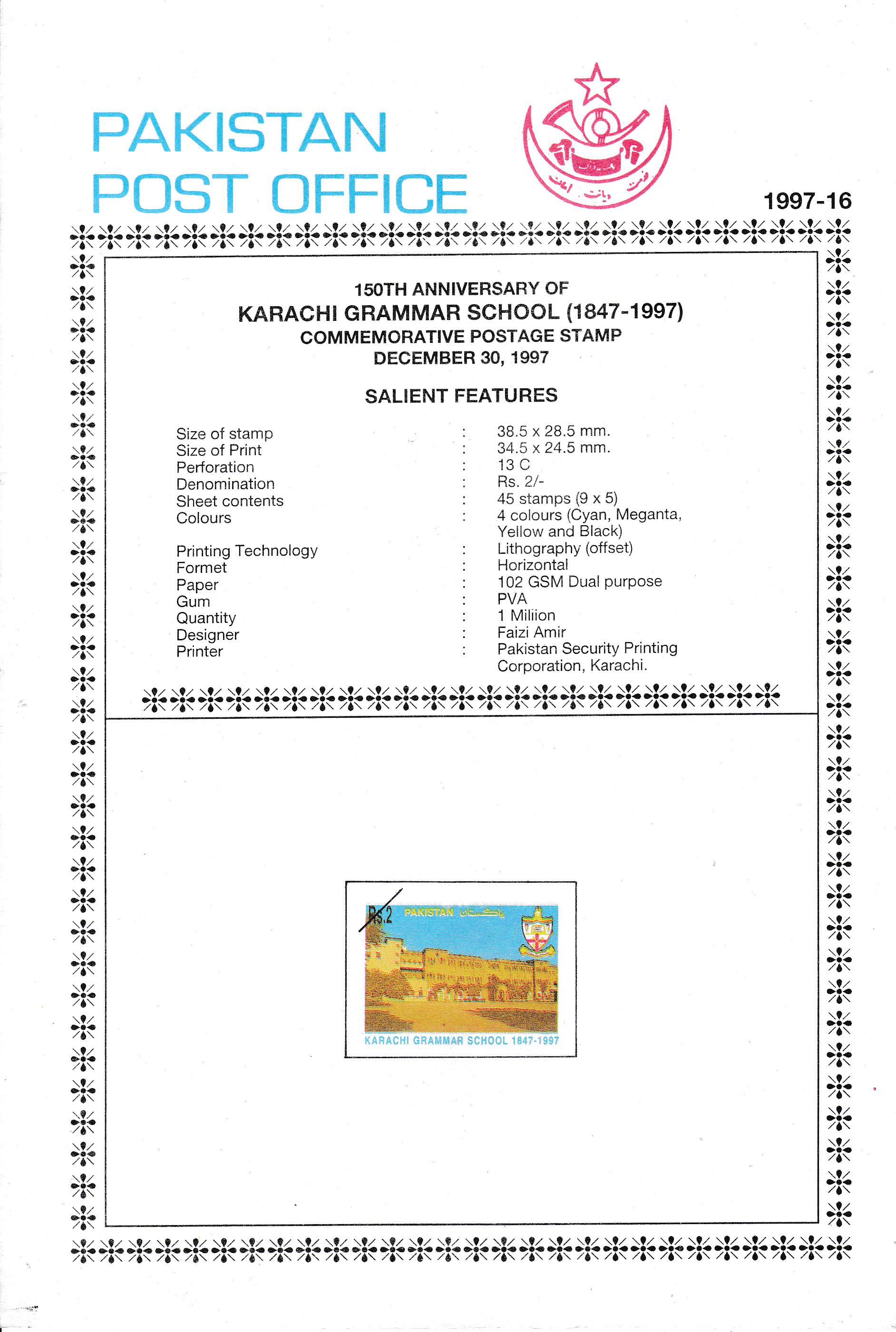 (image for) Pakistan Fdc 1997 Brochure Stamp Karachi Grammar School
