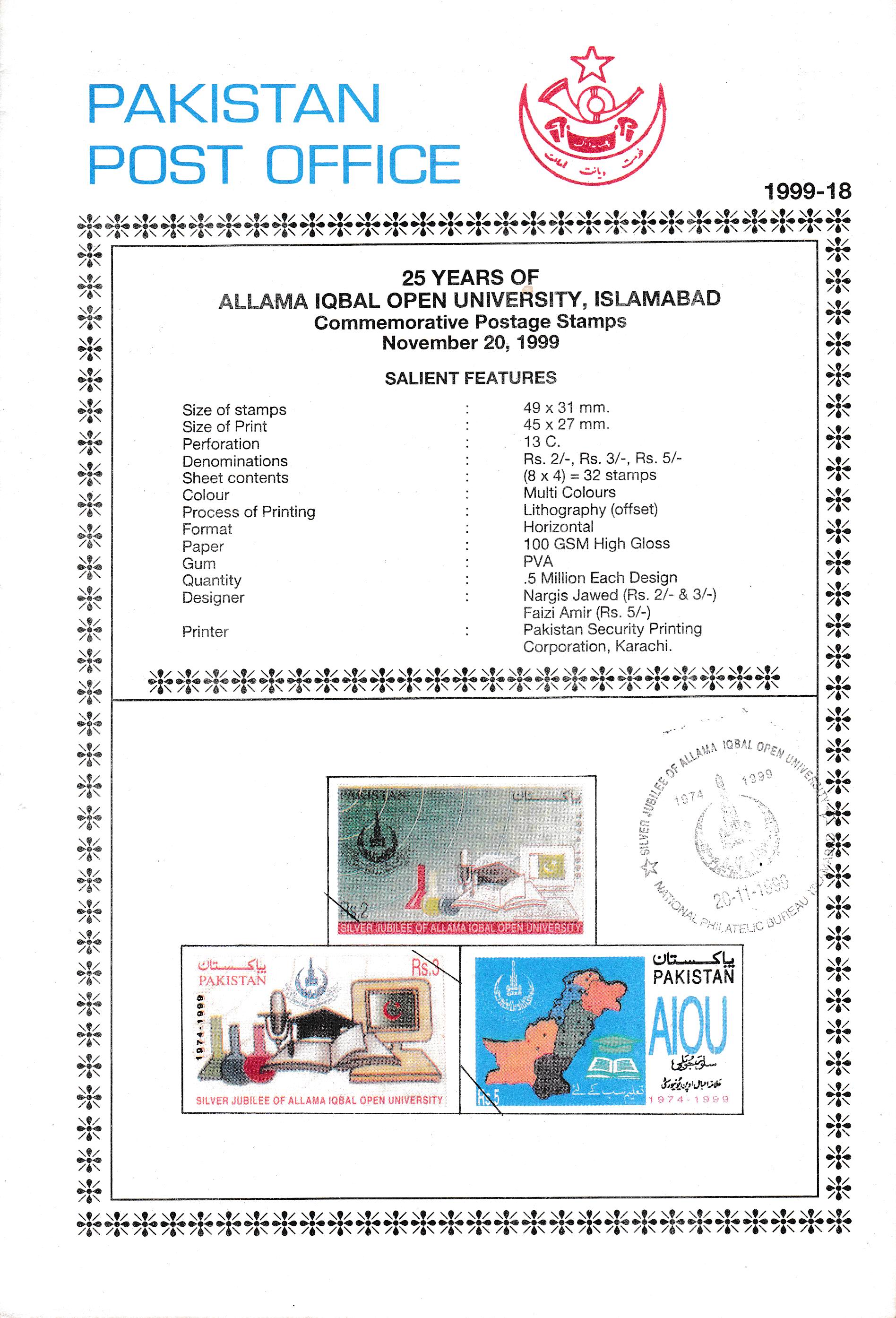 (image for) Pakistan Fdc 1999 Brochure & Stamps Allama Iqbal Open University