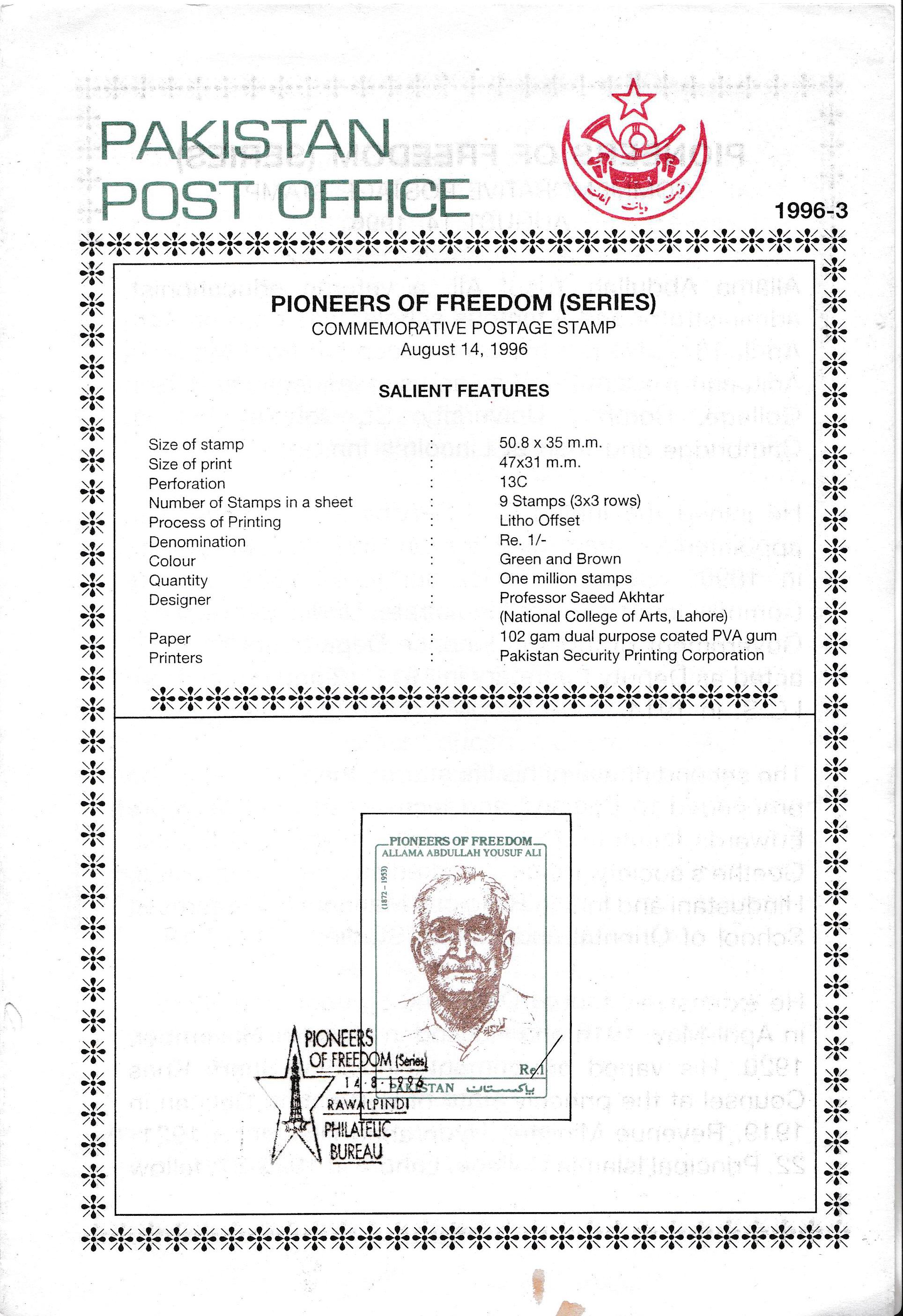 (image for) Pakistan Fdc 1996 Brochure Stamp Pioneer Of Freedom
