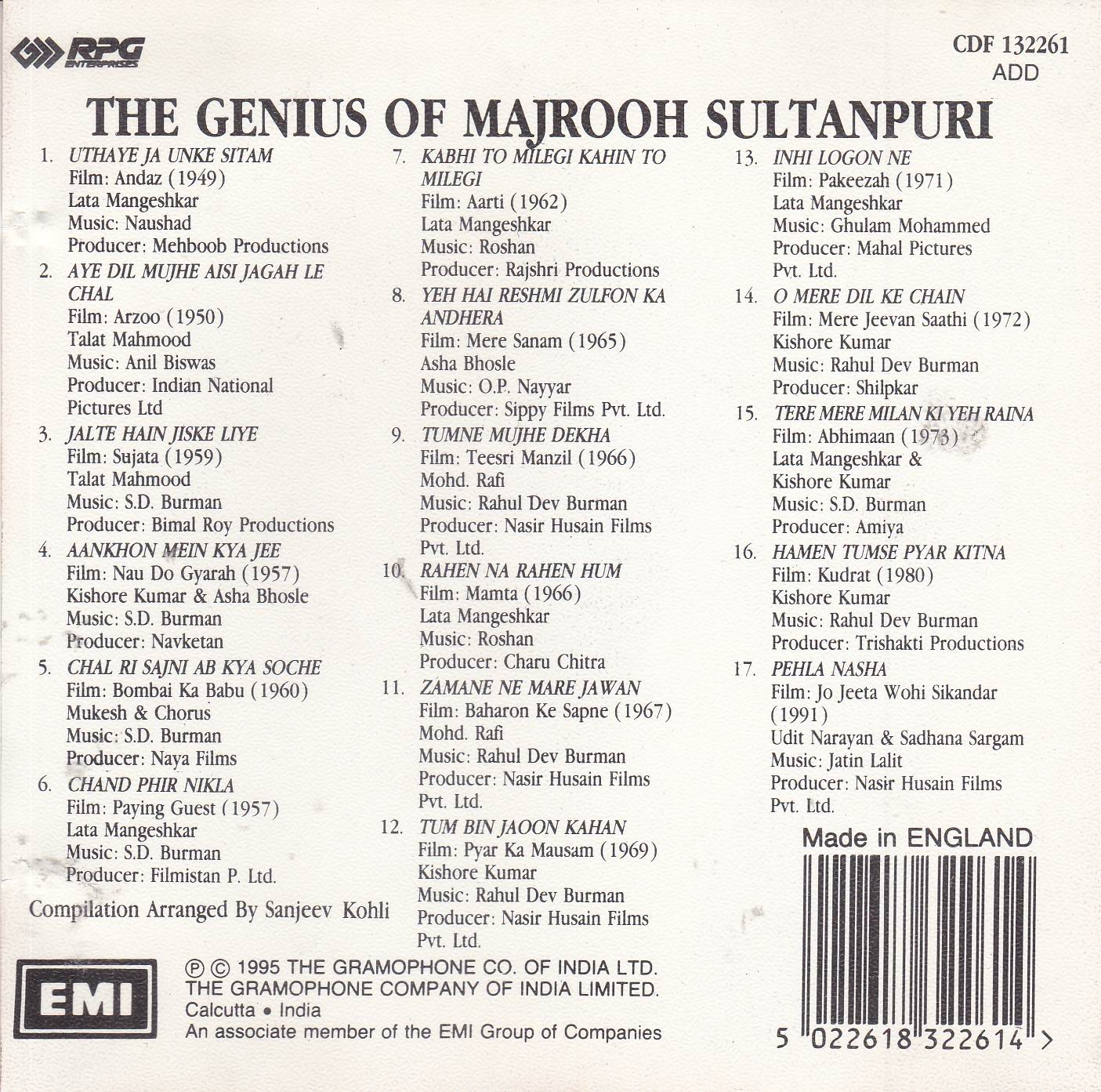 (image for) The Genius Of Majrooh Sultanpuri EMI CD