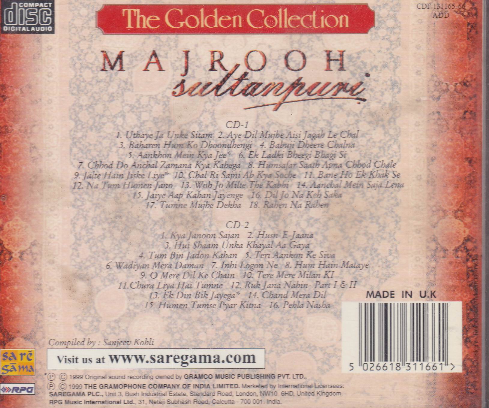 (image for) The Golden Collection Of Majrooh Sultanpuri EMI CD