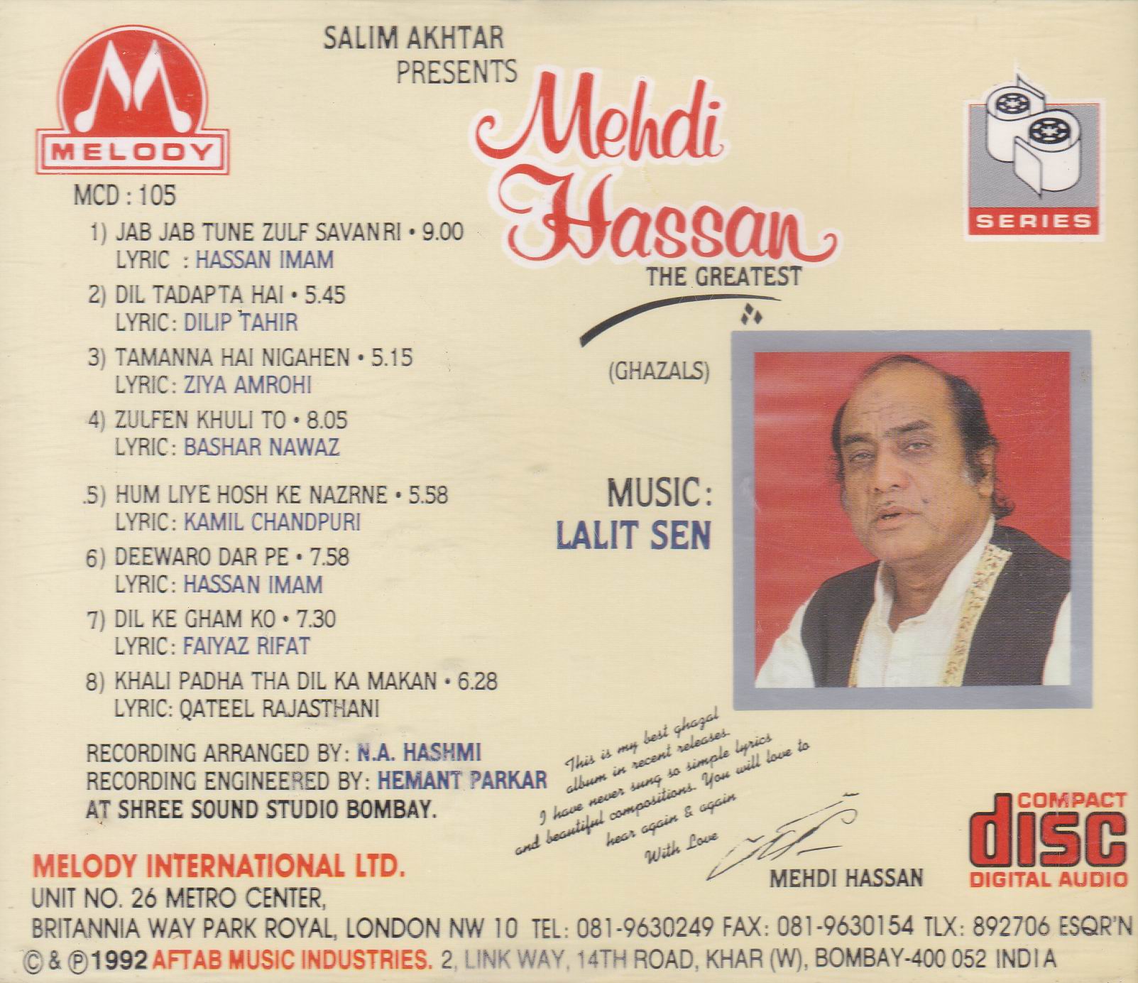 Golden Greats Of Mehdi Hassan Ghazals Melody CD - Click Image to Close