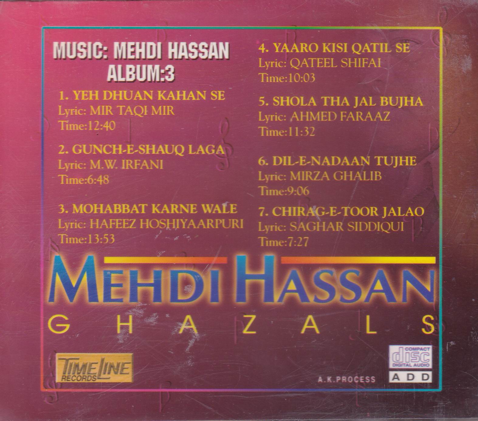 Mehdi Hassan Ghazals Vol 3 TL CD Superb Recording - Click Image to Close