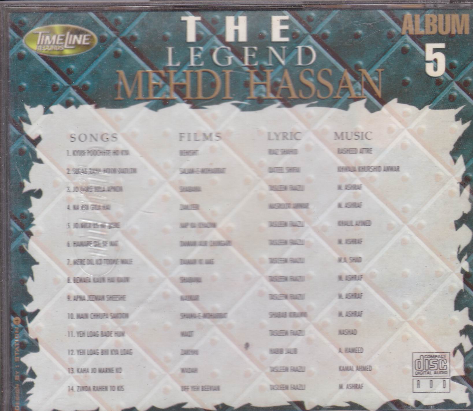 Mehdi Hassan Film Hits Vol 5 TL CD Superb Recording - Click Image to Close