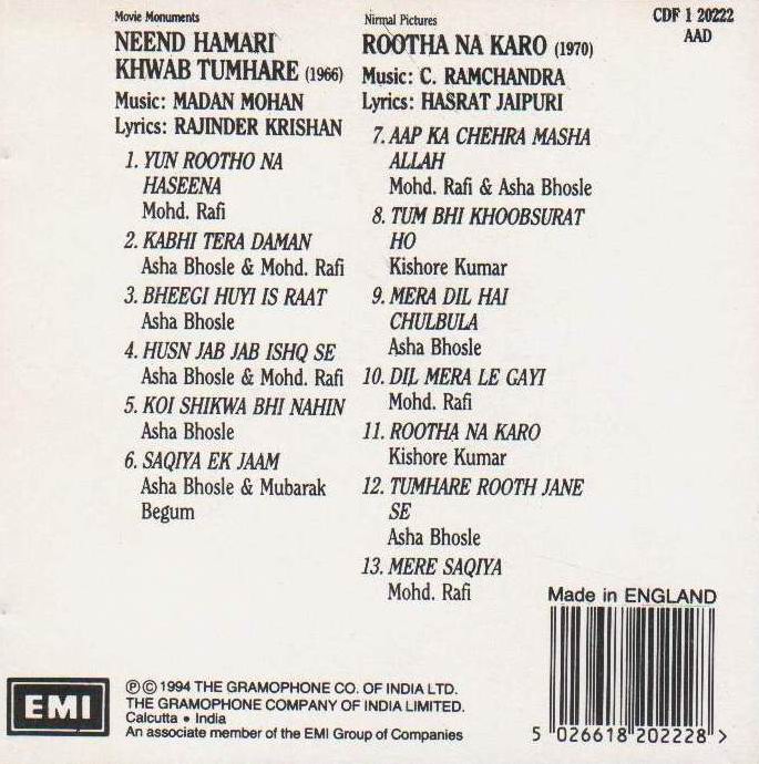 (image for) Indian Cd Neend Hamari Khwab Tumhare Rootha Na Karo EMI CD
