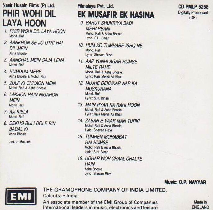 (image for) Indian Cd Phir Wohi Dil Laya Hoon Ek Musafir EMI CD