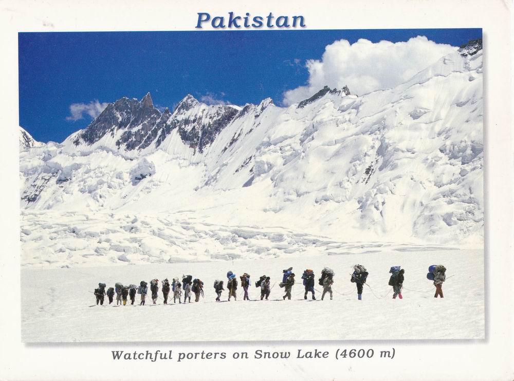 Pakistan Beautiful Postcard Watchful Porters On Snow Lake (image for) Pakistan Beautiful Postcard Watchful Porters On Snow Lake