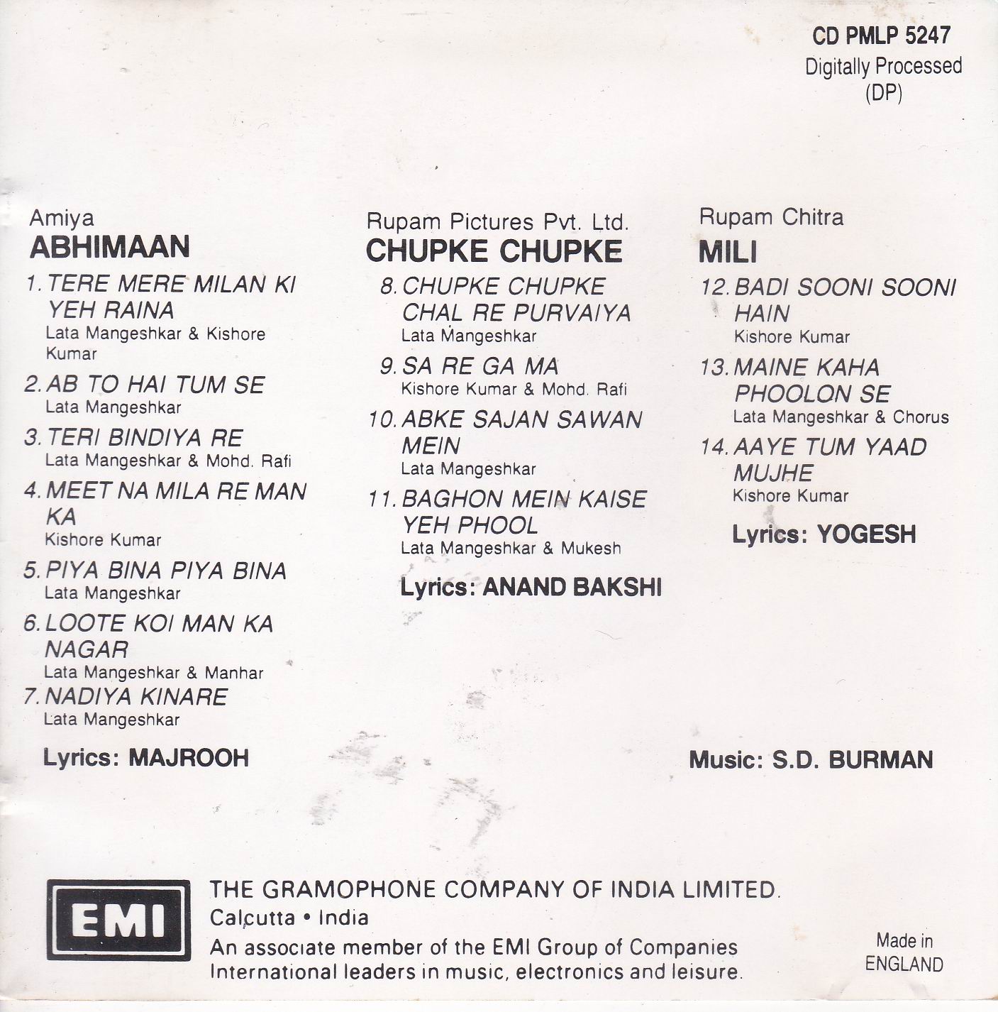 Indian Cd Abhimaan Cgupke Chupke Mili EMI CD - Click Image to Close