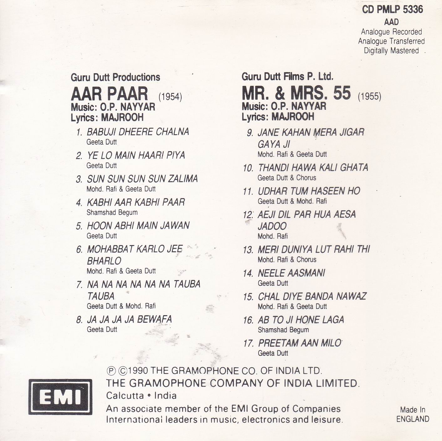 Indian Cd Aar Paar Mr & Mrs 55 EMI CD - Click Image to Close