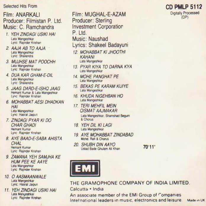 Indian Cd Anarkali Mughal e Azam EMI CD - Click Image to Close