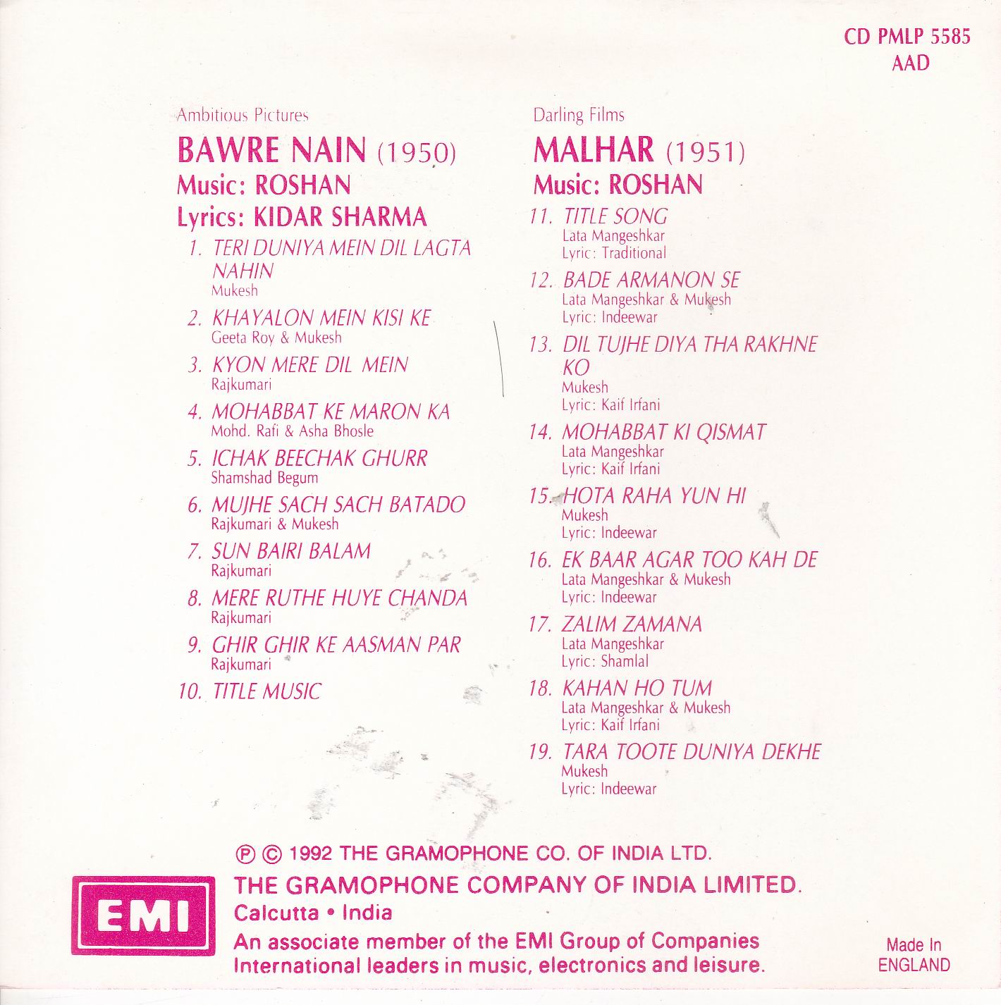 (image for) Indian Cd Bawre Nain Malhar EMI CD