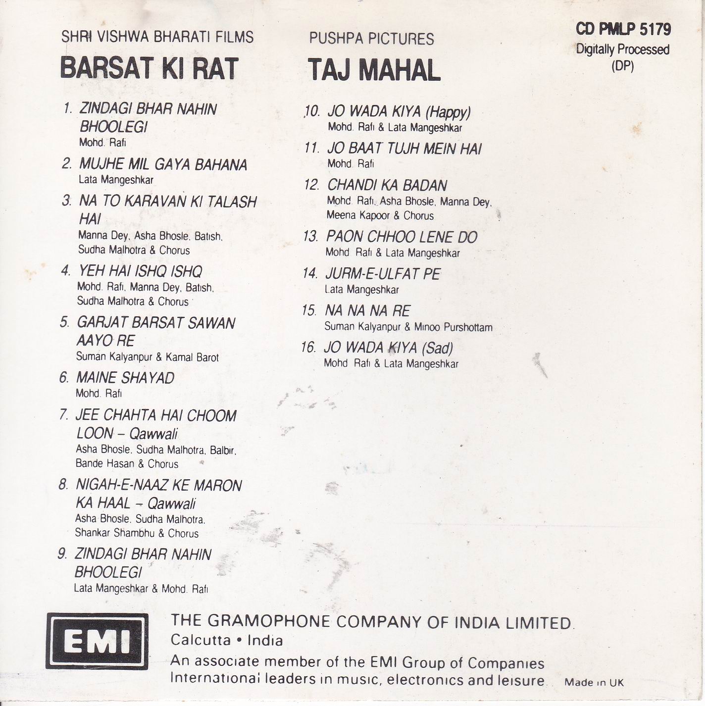 (image for) Indian Cd Barsat Ki Raat Taj Mahal EMI CD