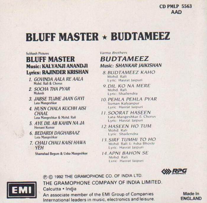 Indian Cd Bluff Master Budtameez EMI CD - Click Image to Close