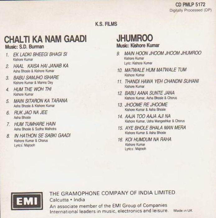 Indian Cd Chalti Ka Naam Gaadi Jhumroo EMI CD - Click Image to Close