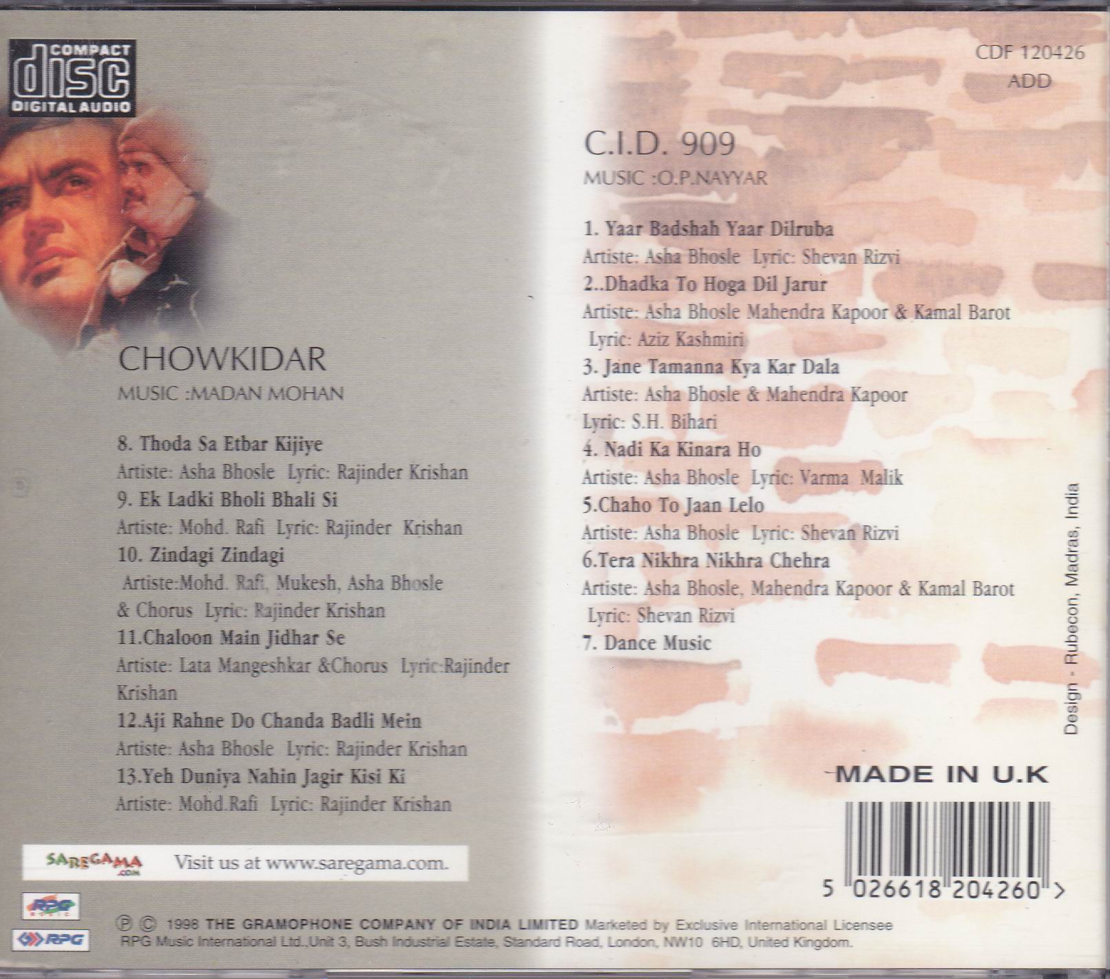 Indian Cd Cid 909 Chowkidar EMI CD - Click Image to Close