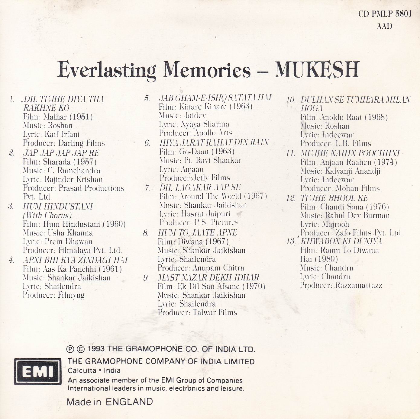 Everlasting Memories Mukesh EMI Cd - Click Image to Close