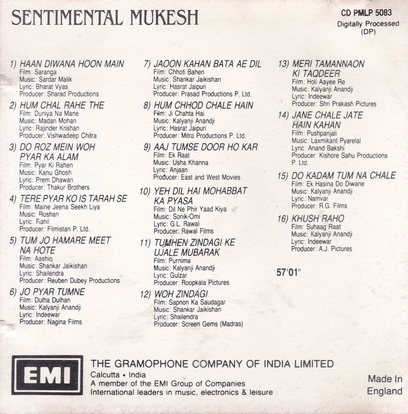 Sentimental Mukesh EMI Cd - Click Image to Close