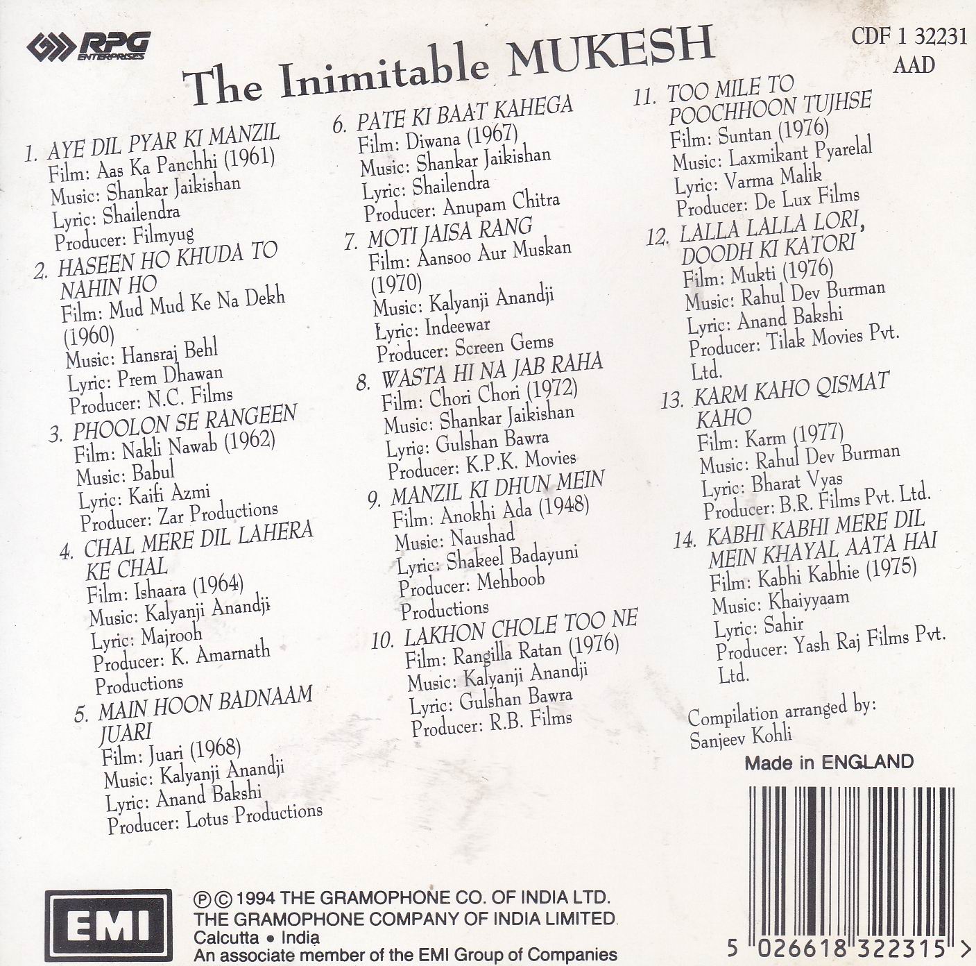 The Inimitable Mukesh EMI Cd - Click Image to Close