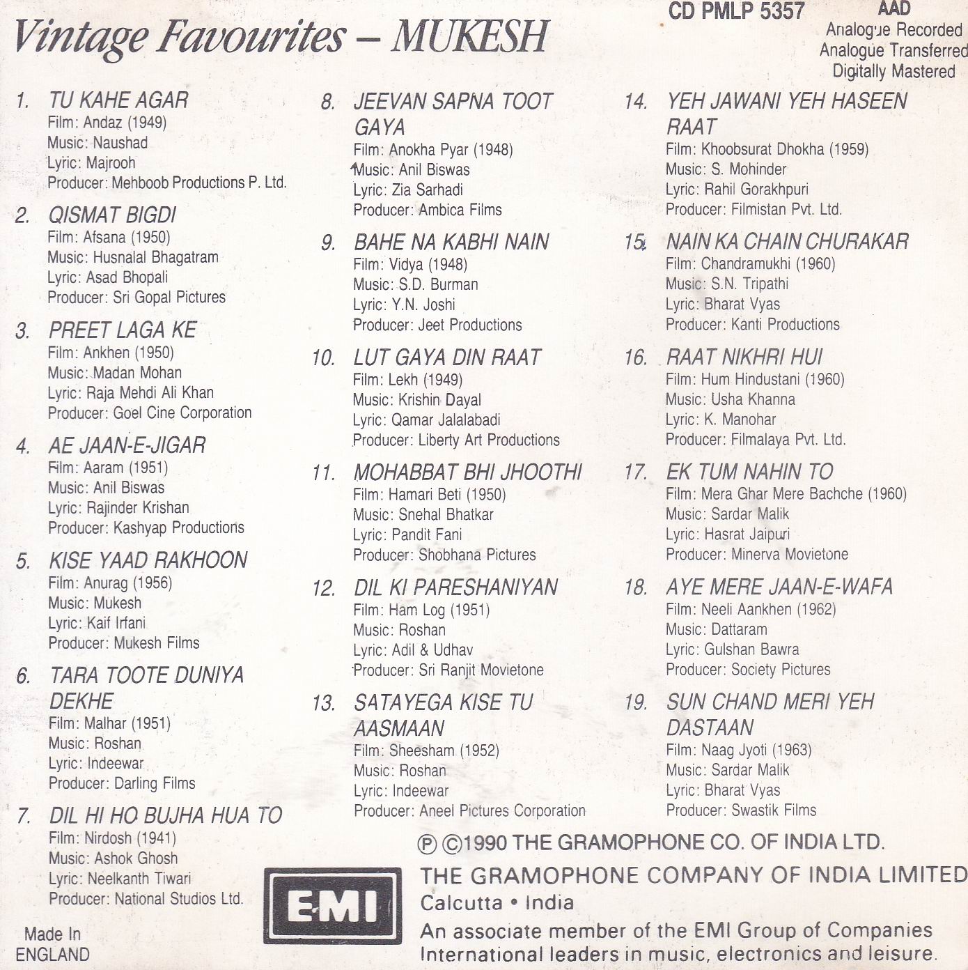 Vintage Favourites Mukesh EMI Cd - Click Image to Close
