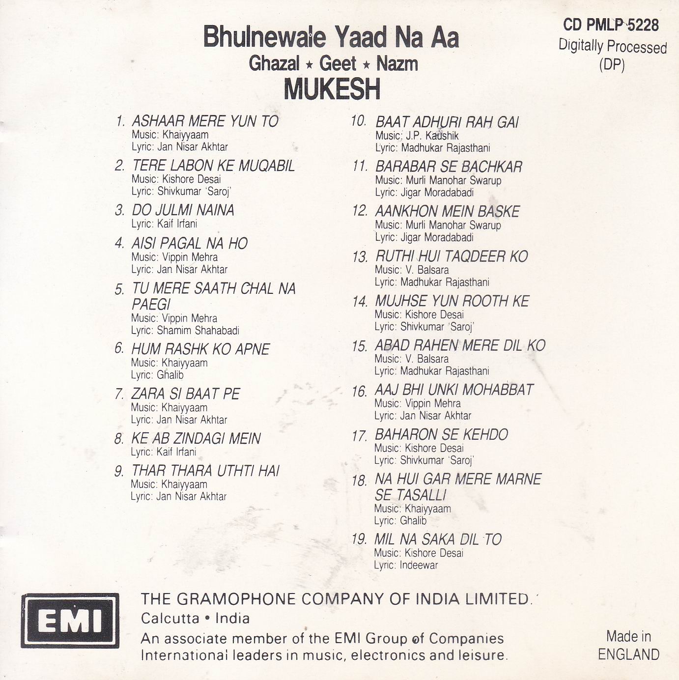 (image for) Bhoolne Wale Yaad Na Aa Mukesh EMI Cd