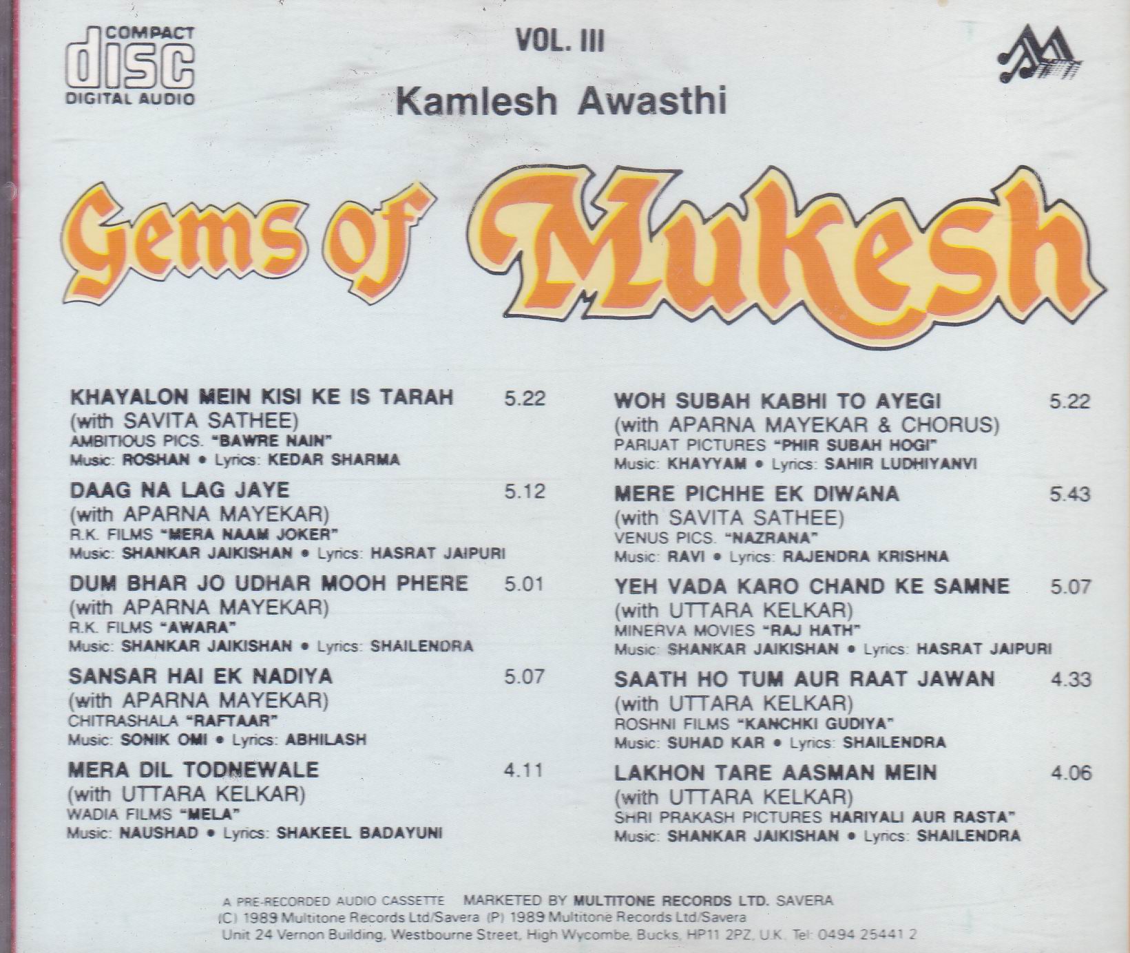 Gems Of Mukesh Kamlesh Awasthi Multitone Cd - Click Image to Close