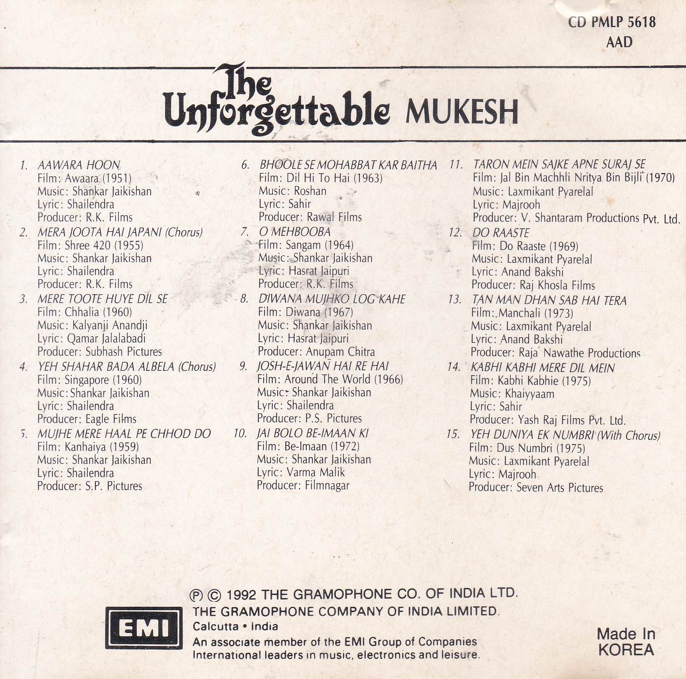 The Unforgettable Mukesh EMI Cd - Click Image to Close