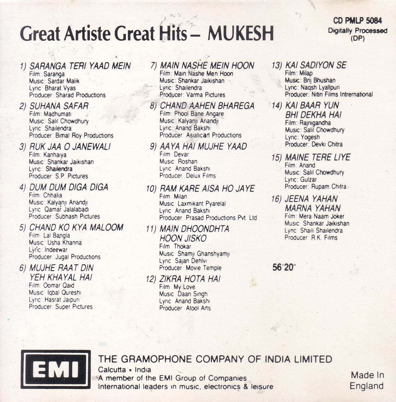 Great Artist Great Hits Mukesh EMI Cd - Click Image to Close