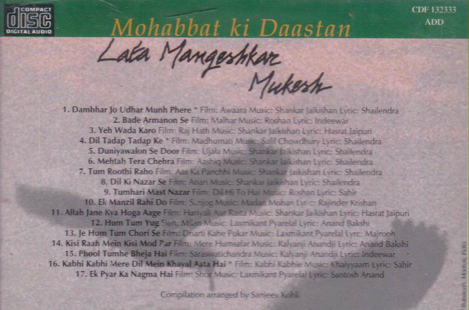 Mohabbat Ki Dastaan Lata Mukesh EMI Cd - Click Image to Close