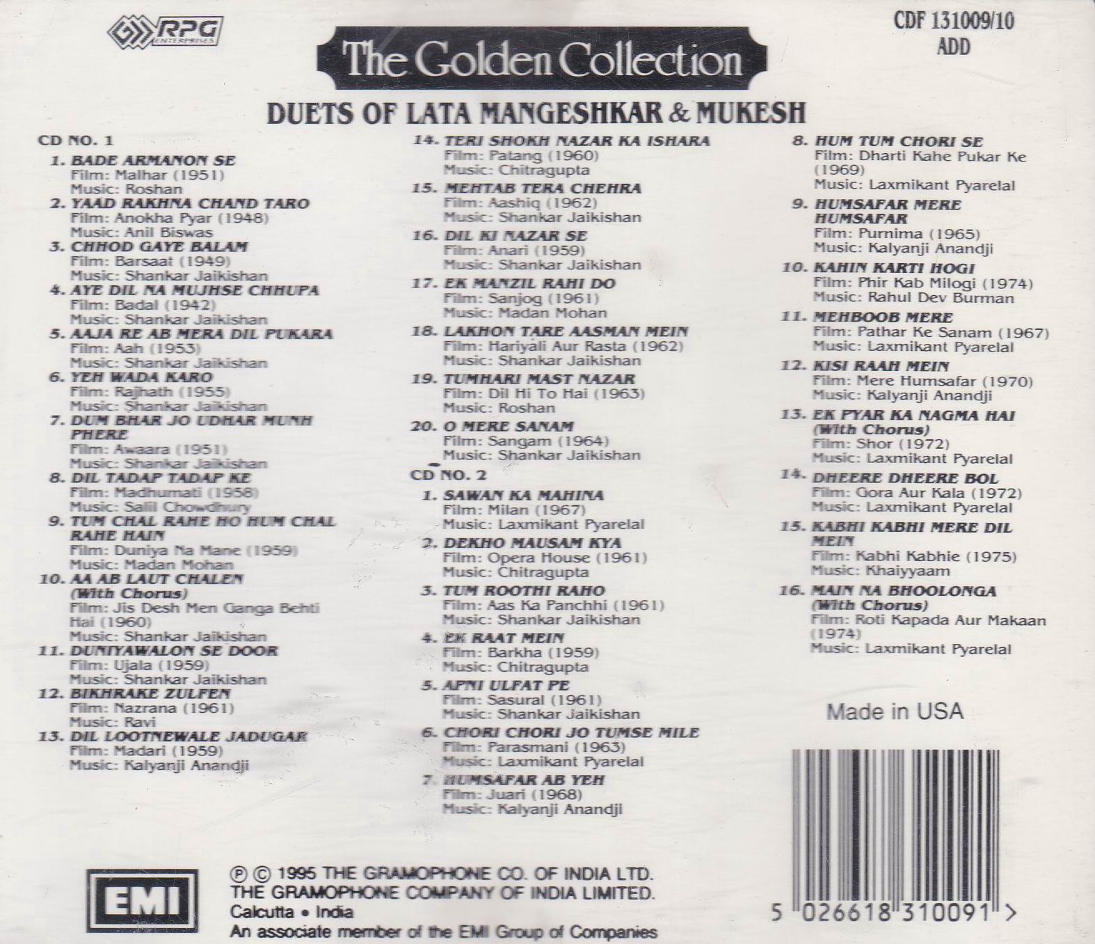 Golden Collection Lata Mukesh EMI Cd - Click Image to Close