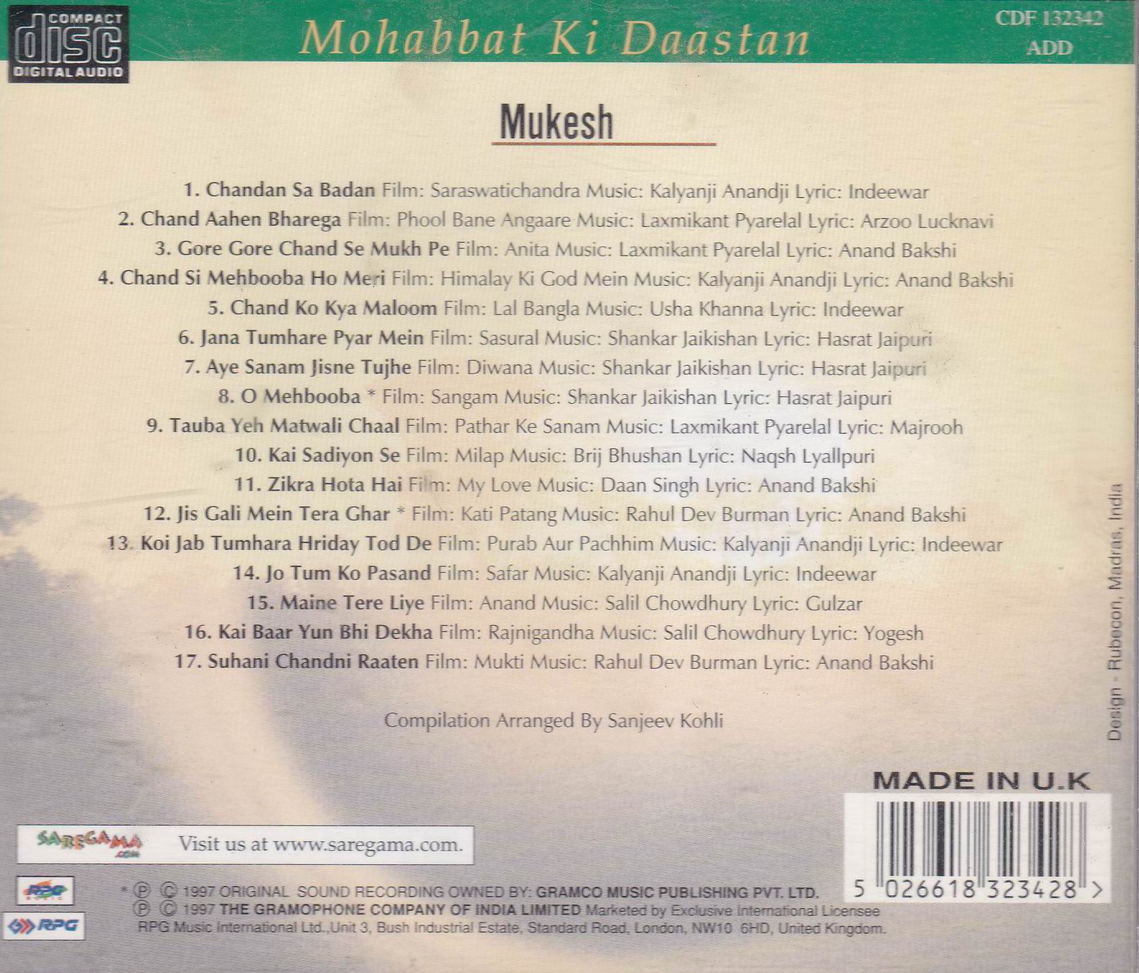 Mohabbat Ki Dastaan Mukesh EMI Cd - Click Image to Close