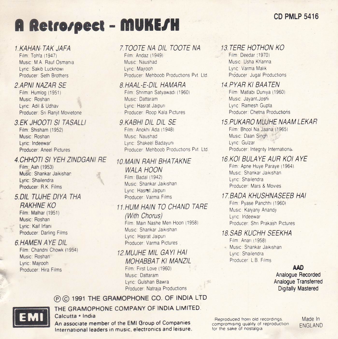 A Retrospect Mukesh EMI Cd - Click Image to Close