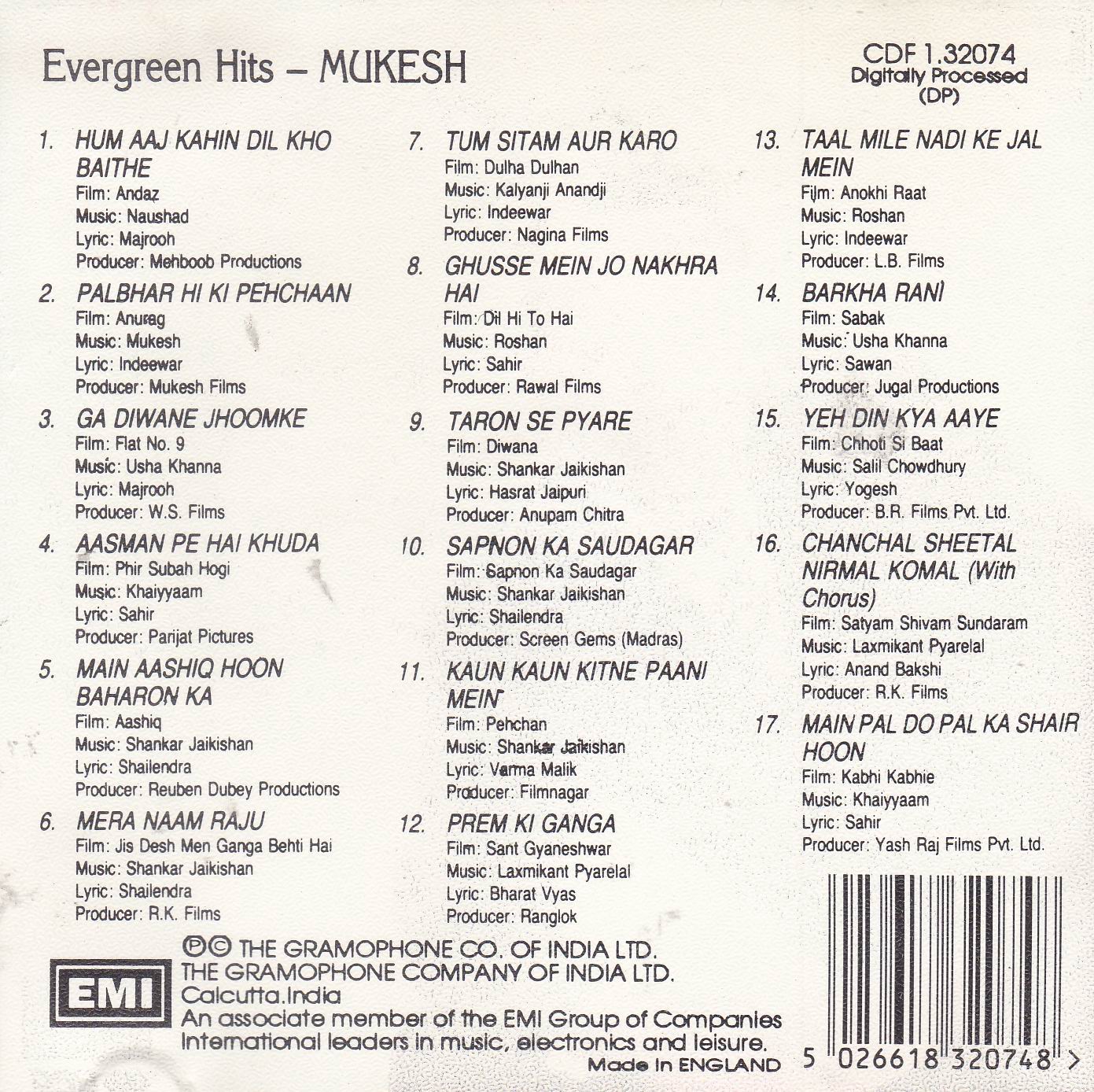 Evergreen Hits Mukesh EMI Cd - Click Image to Close