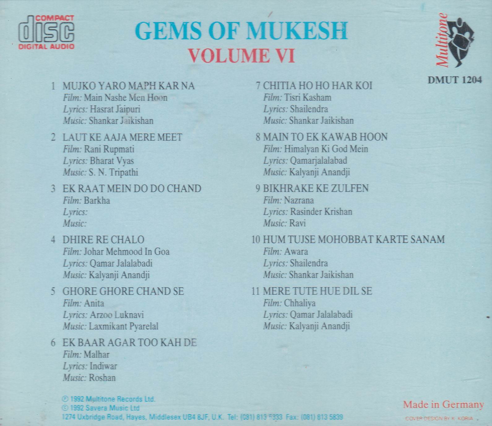(image for) Gems Of Mukesh Kamlesh Awasthi Multitone Cd