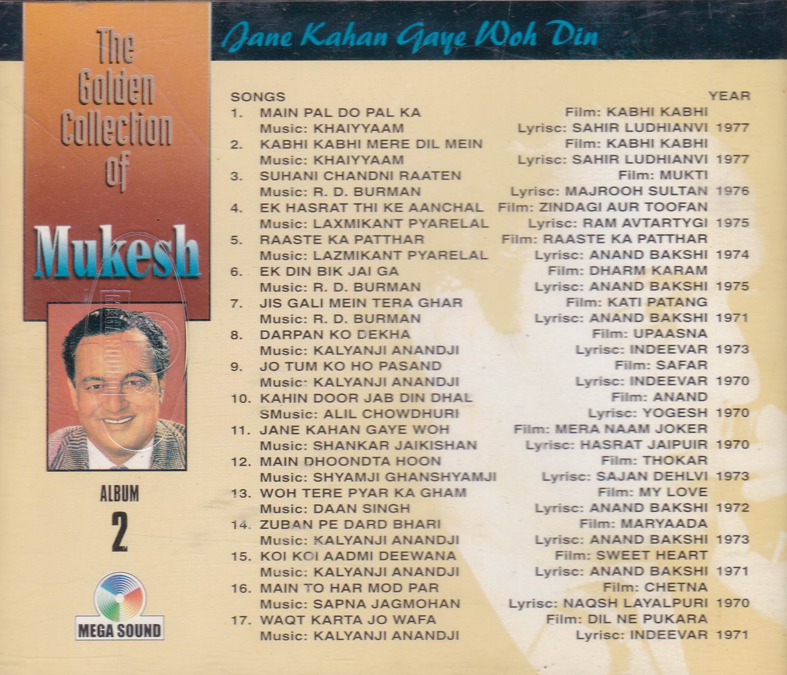 (image for) Golden Hits Mukesh Vol 2 MS Cd Superb Recording
