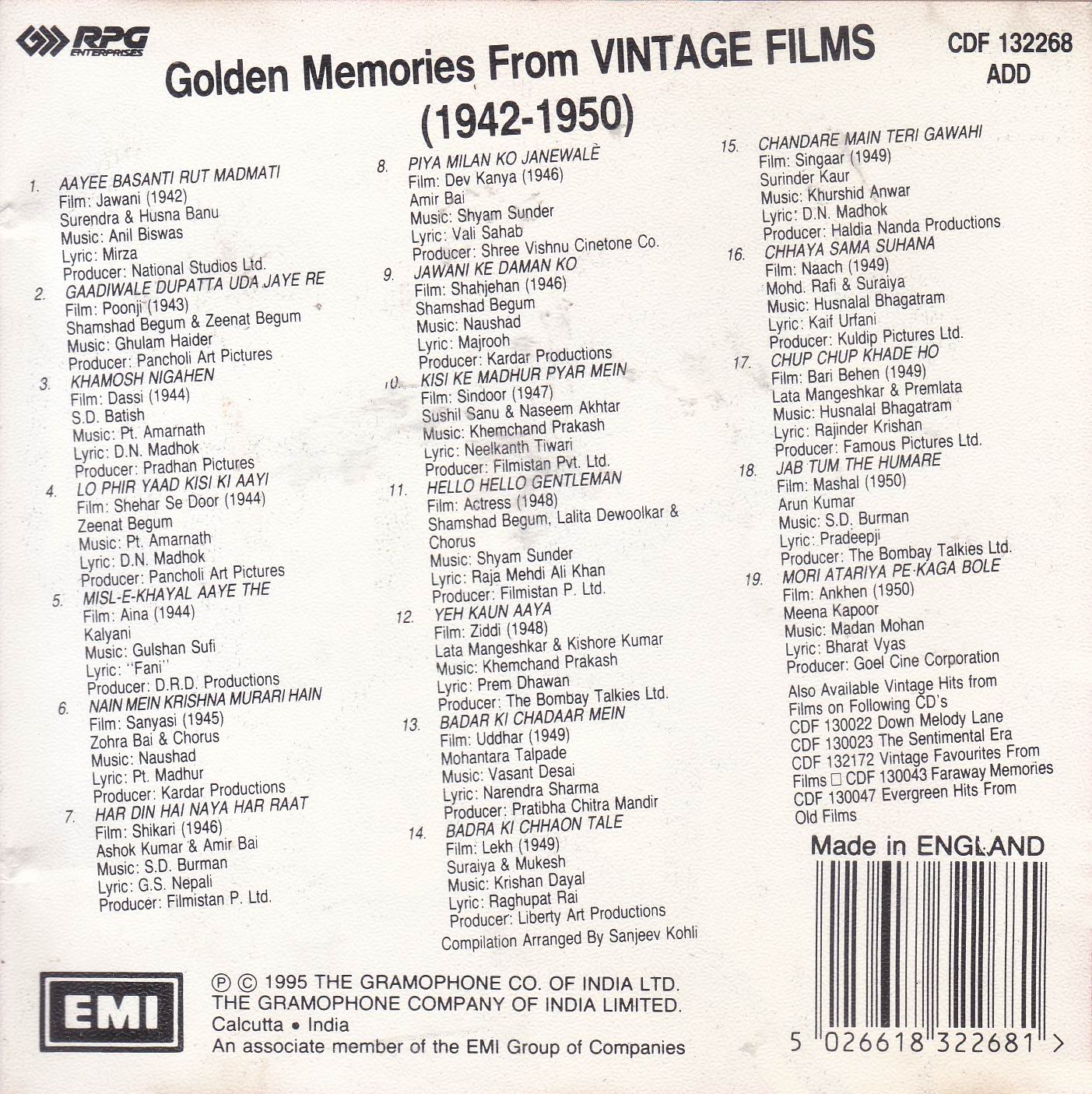 Golden Memories From Vintage Films 1942-1950 Emi Cd - Click Image to Close