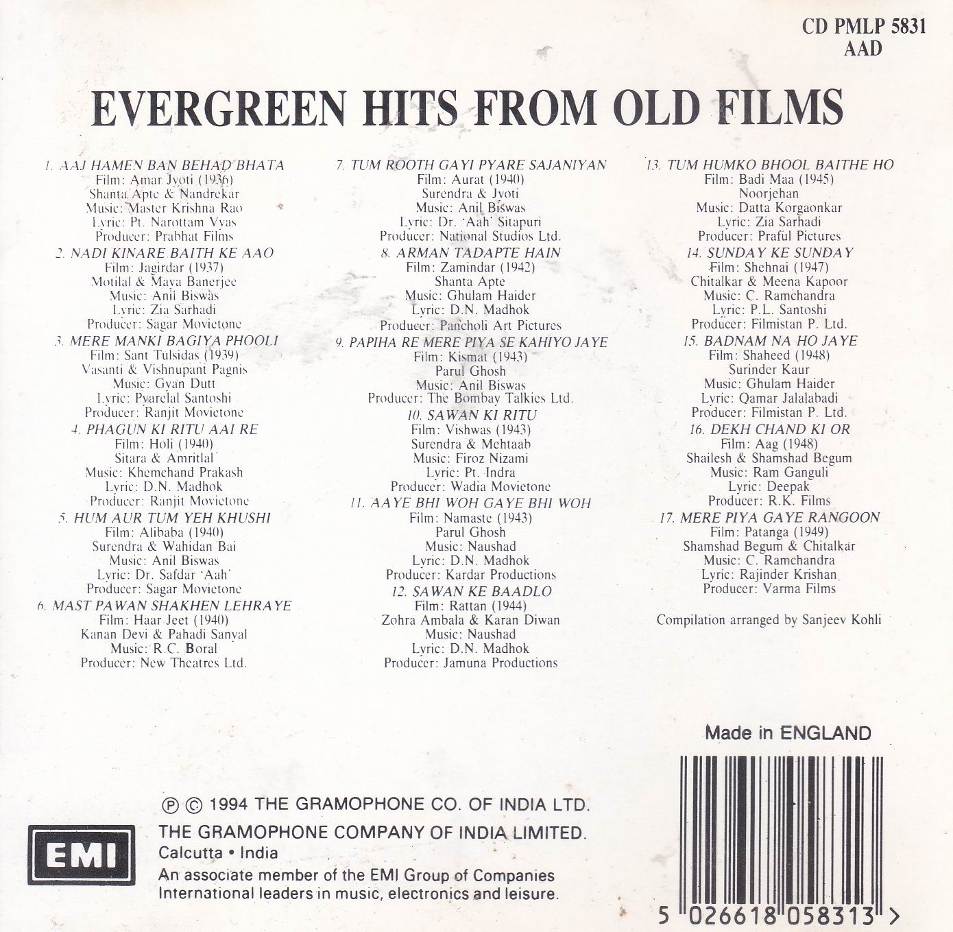 Evergreen Hits From Old Films Emi Cd - Click Image to Close