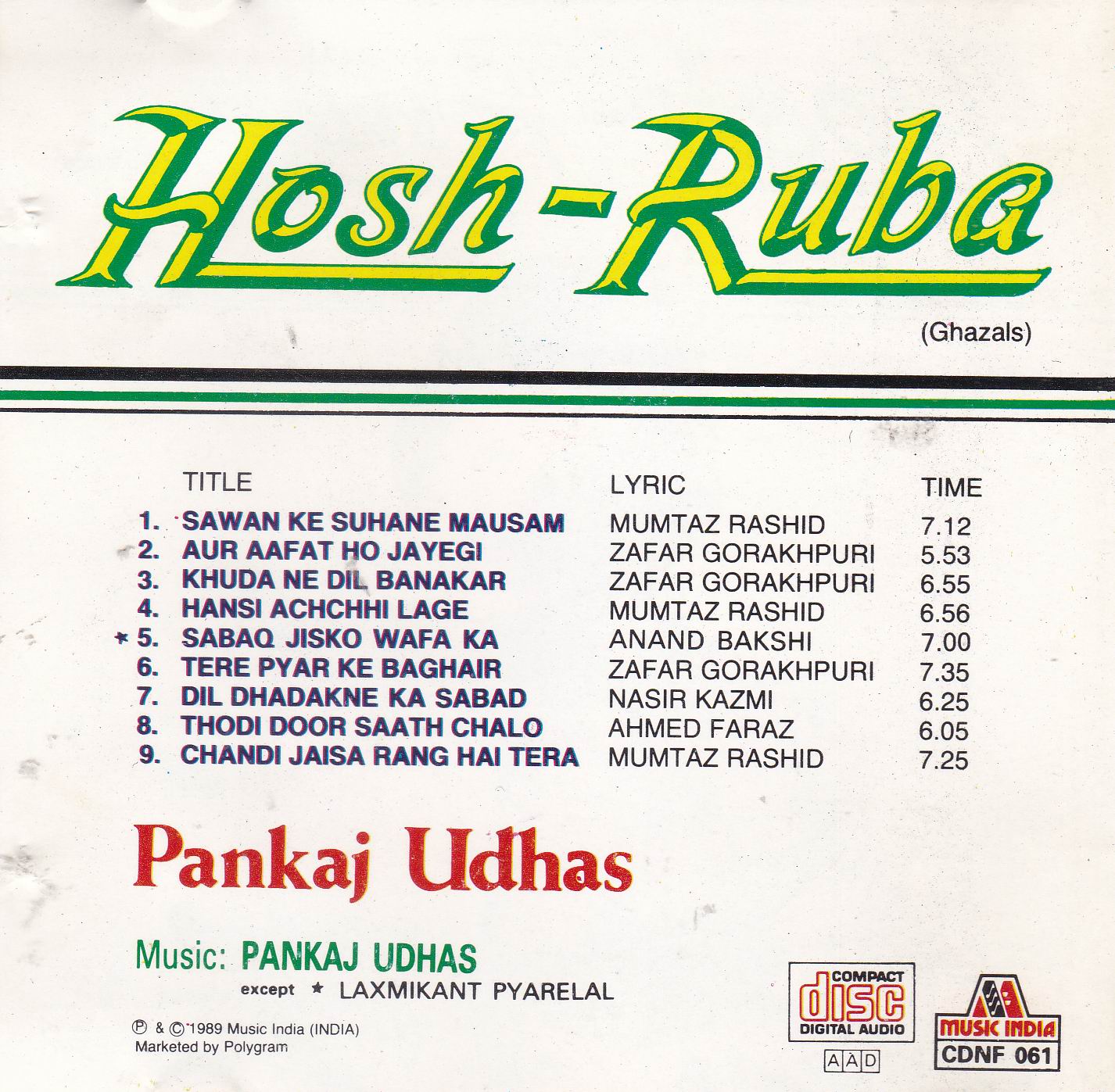 (image for) Pankaj Udhas Hosh Ruba Ghazals Music India CD